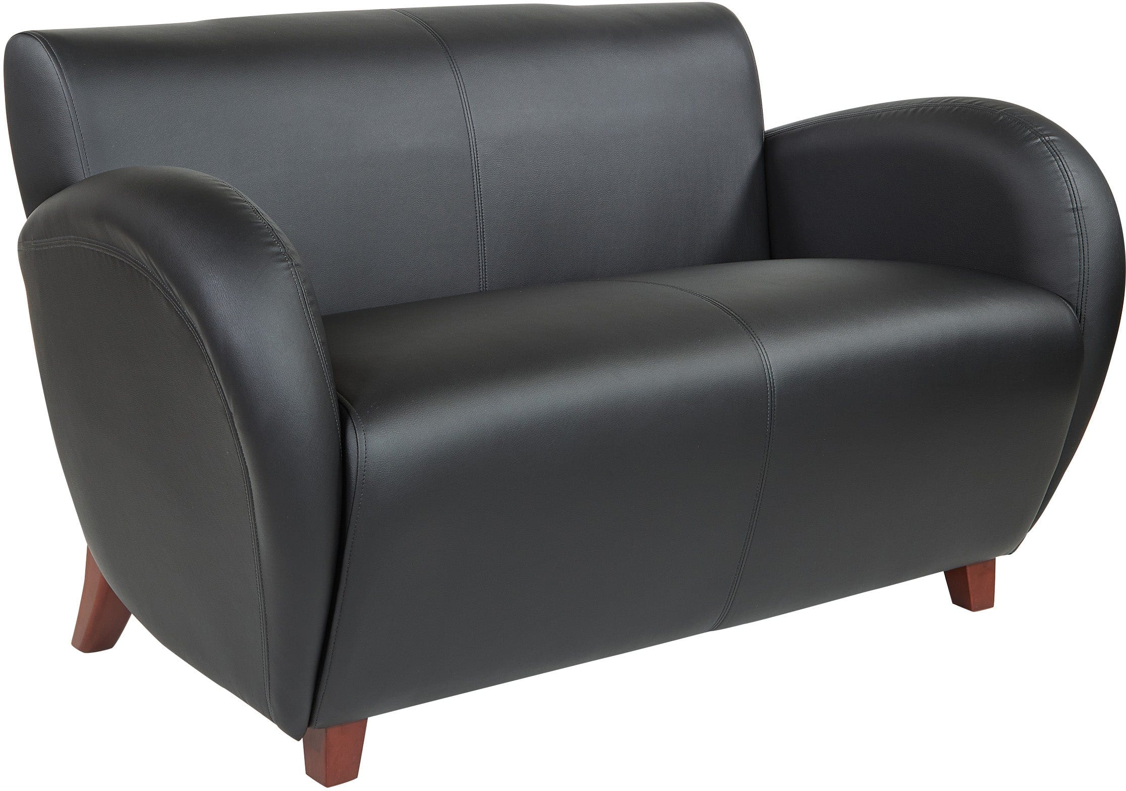 Office Star Dillon Black PU Loveseat with Cherry Finish Legs - Modern Office Sofa for Small Spaces, Home Office, Reception Area & Waiting Room [SF2472]