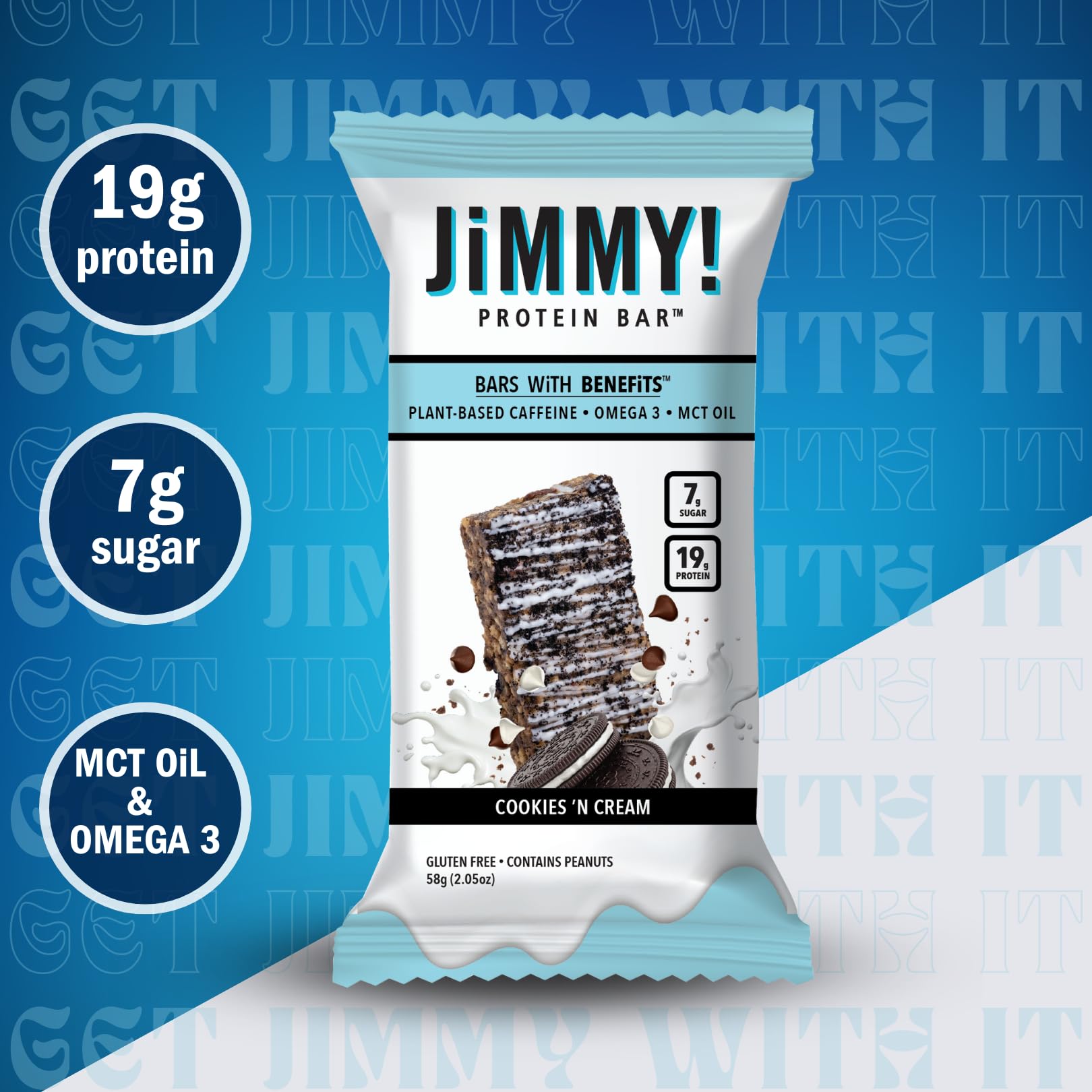 Jimmy's Protein Bar Cookies and Cream - 12 Pack, 18g Protein with Caffeine, Omega-3 & MCT Oil - Low Sugar, Gluten Free, Keto Friendly Energy Snack for Workouts, Hiking & On-the-Go Nutrition