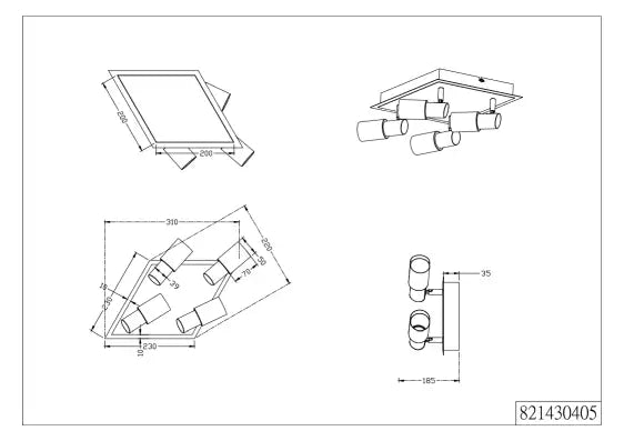 Clapton 4Lt Square Plate Spotlight in Chrome - Modern Ceiling Light Fixture for Living Room, Bedroom, and Office Lighting