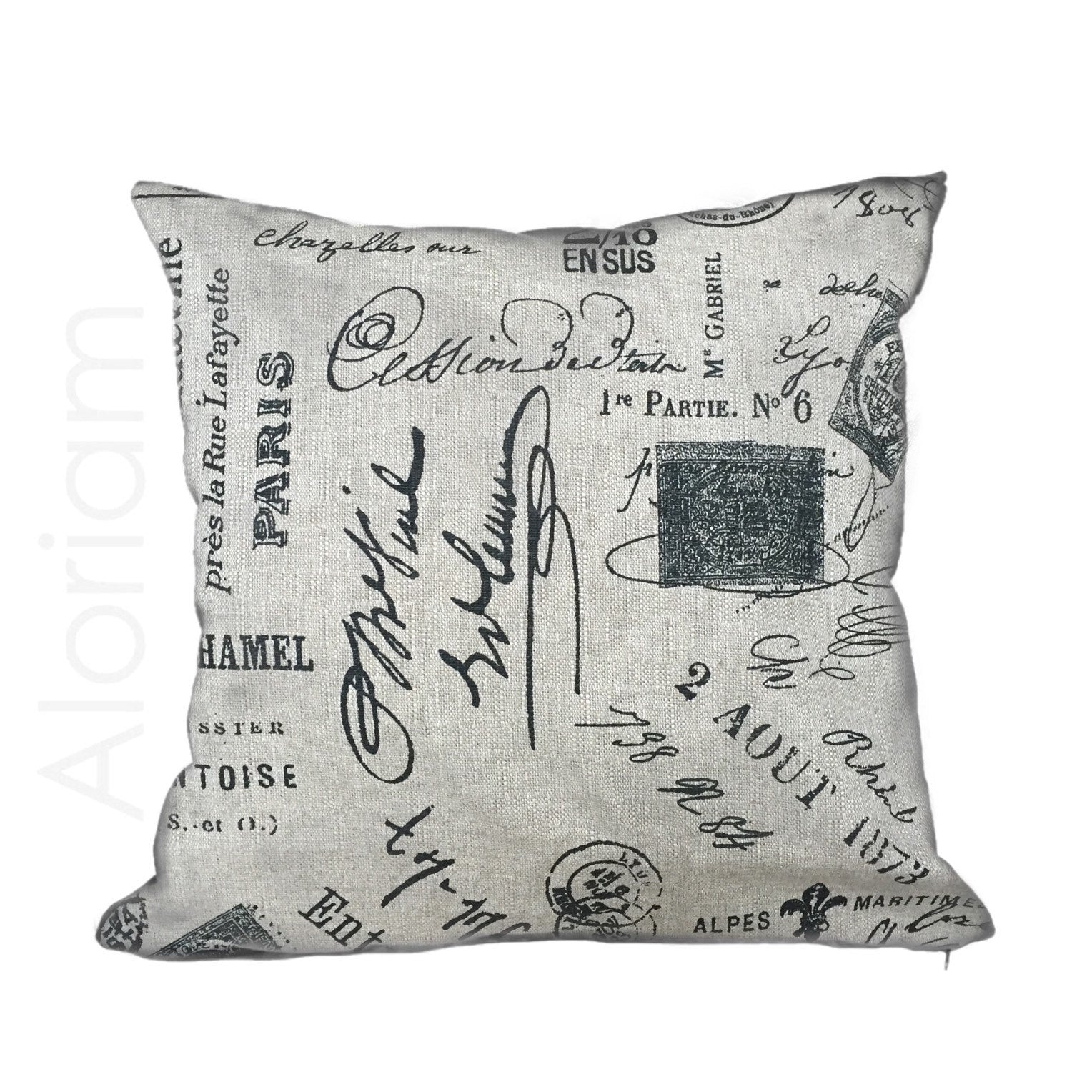 Vintage French Script Calligraphy Stamps Tan Brown Pillow Cover - 18x18 Inch Decorative Throw Pillow Case for Living Room, Bedroom & Sofa Decor