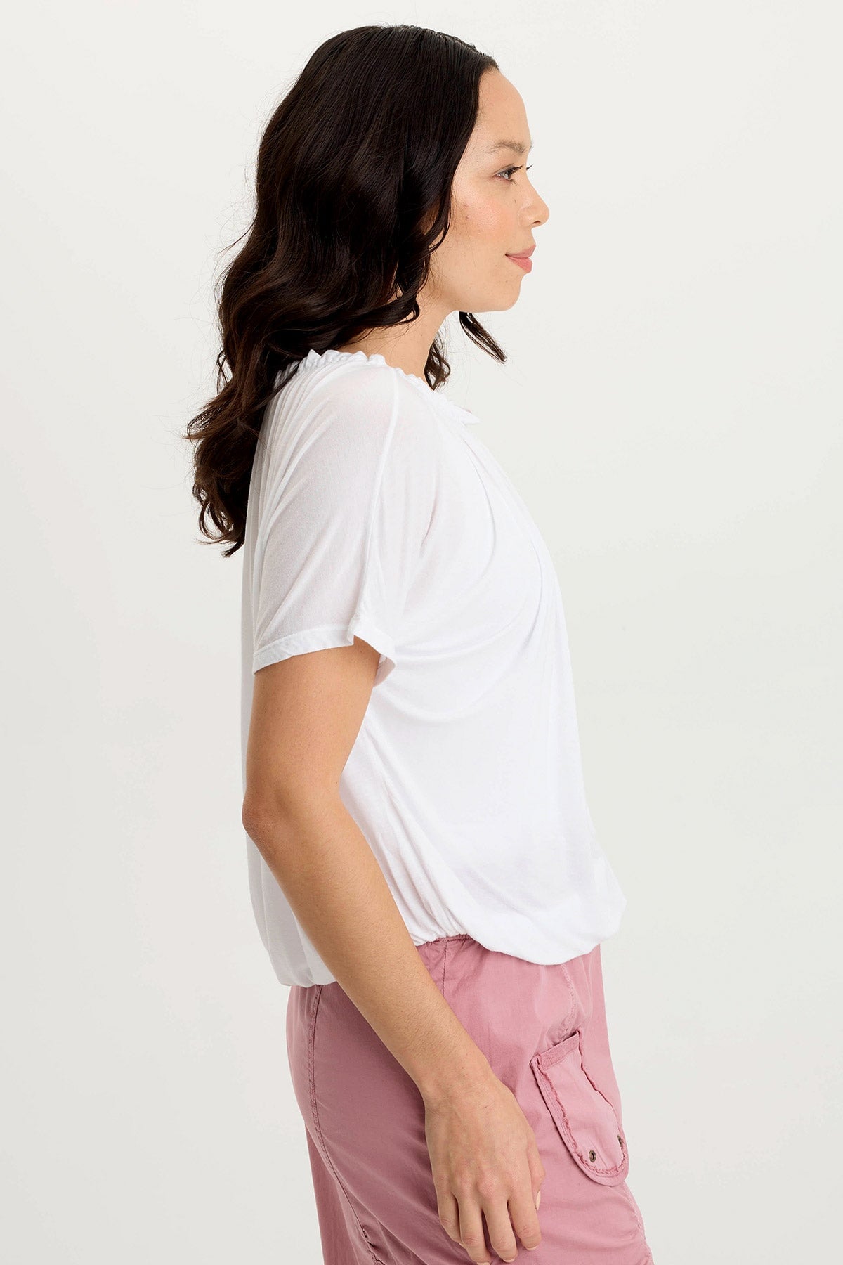 Deitra Women's Jersey Shirred Tee - Soft Stretch Short Sleeve T-Shirt for Casual Wear & Everyday Outfits