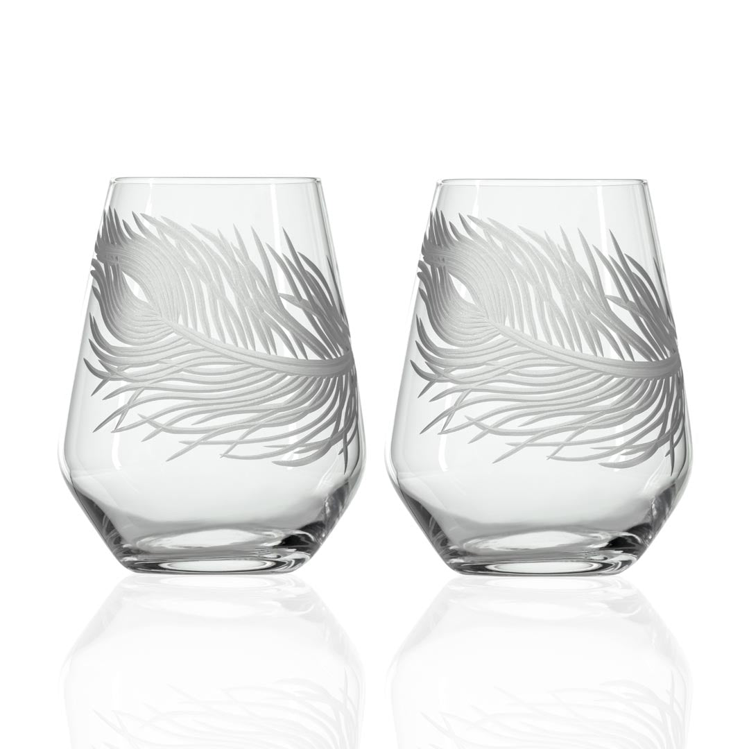 Peacock 18oz Stemless Wine Glasses Set of 2 - Elegant & Durable Glassware for Red Wine, White Wine, Cocktails - Perfect for Dinner Parties, Weddings, Gifts & Home Entertaining
