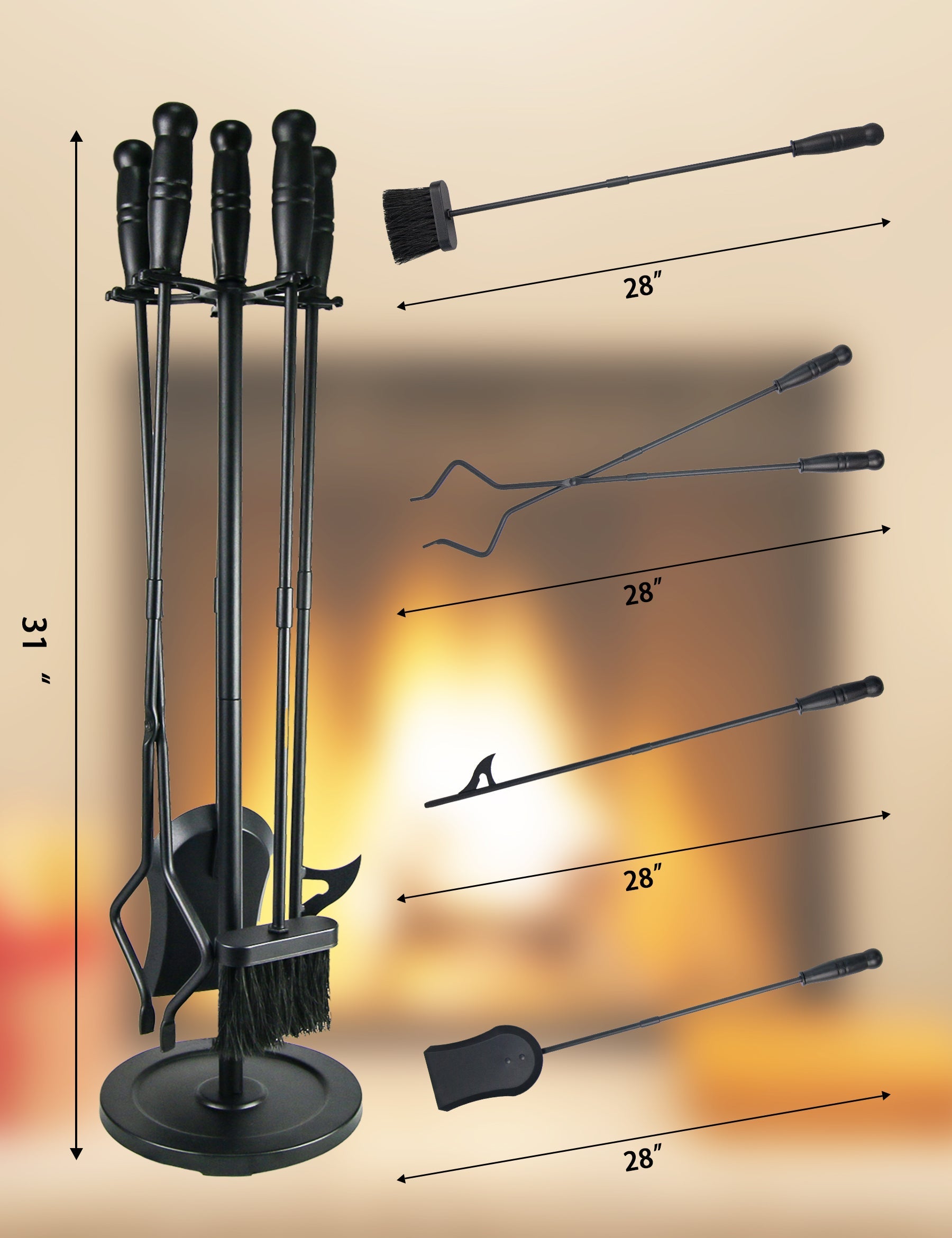 Premium 5-Piece Modern Fireplace Tool Set with 2-in-1 Poker - Heavy Duty Steel Construction for Indoor & Outdoor Use - Perfect for Fire Pits, Wood Stoves, and Hearth Maintenance