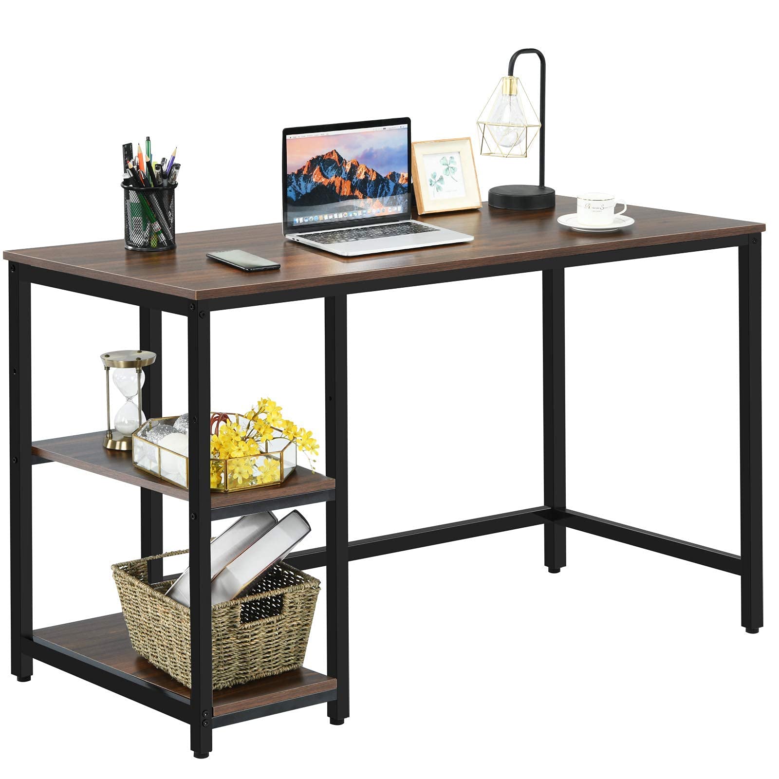 Tangkula Industrial Home Office Computer Desk with 2 Storage Shelves - Sturdy Metal Frame Writing Workstation for Study, Laptop & PC (Coffee Brown) - Perfect for Small Spaces & Remote Work