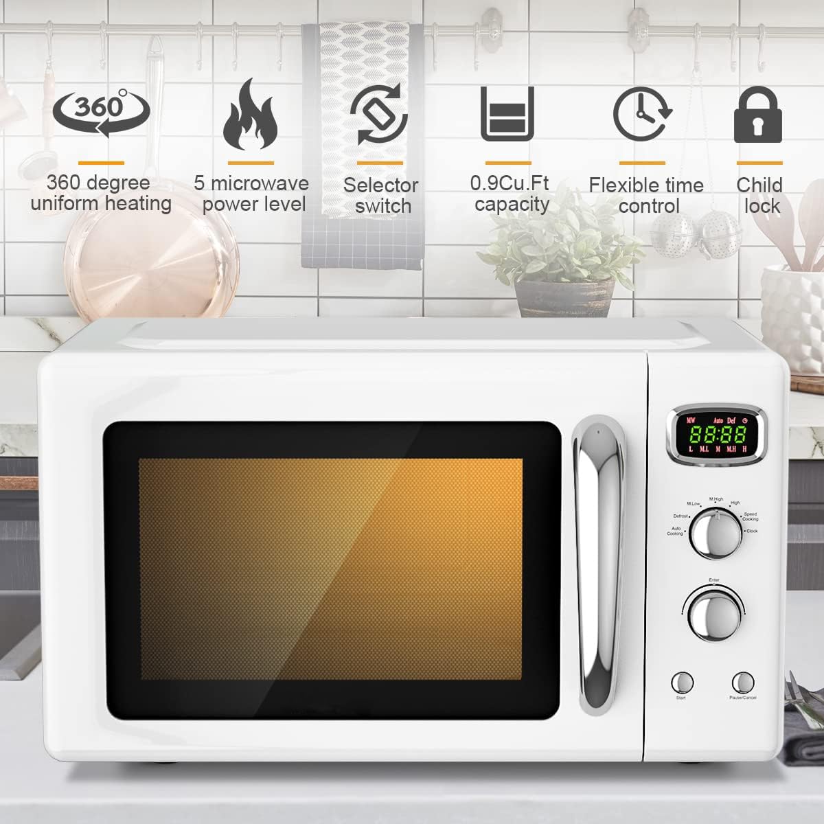 MAT EXPERT 0.9 Cu.ft Compact Microwave Oven - 900W Digital Small Microwave with Glass Turntable, 5 Power Levels & 6 Preset Buttons - Child Lock & Delayed Start Function - Perfect for Dorms, Offices & Small Kitchens (White)