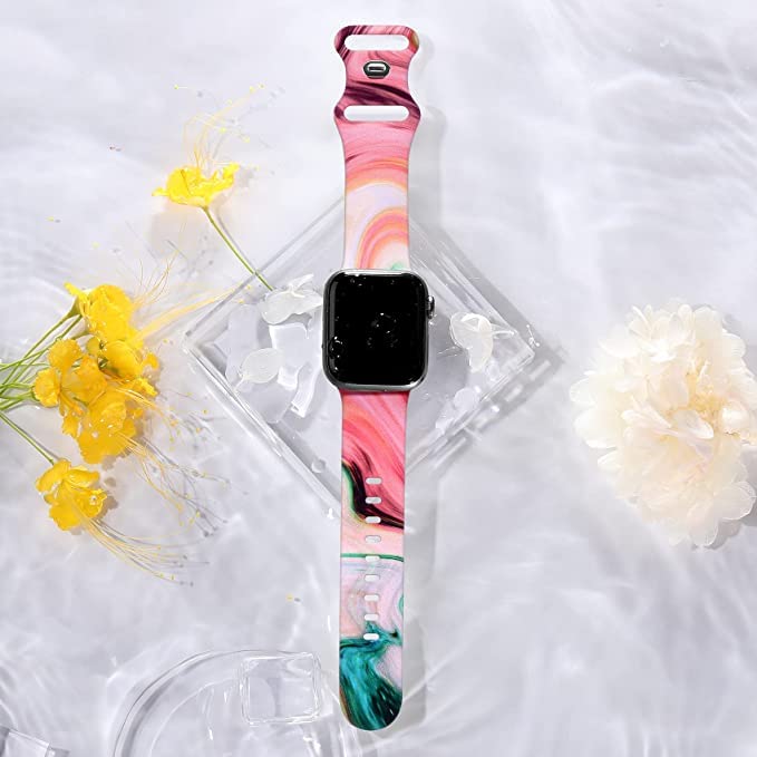 Witzon Cute Transparent Silicone Apple Watch Bands for Women - Soft Sport Strap Replacement Compatible with iWatch Series 7/6/5/4/3/2/1/SE (38mm 40mm 42mm 44mm 45mm) - Pink Blue Marble Design for Gym, Running & Everyday Wear