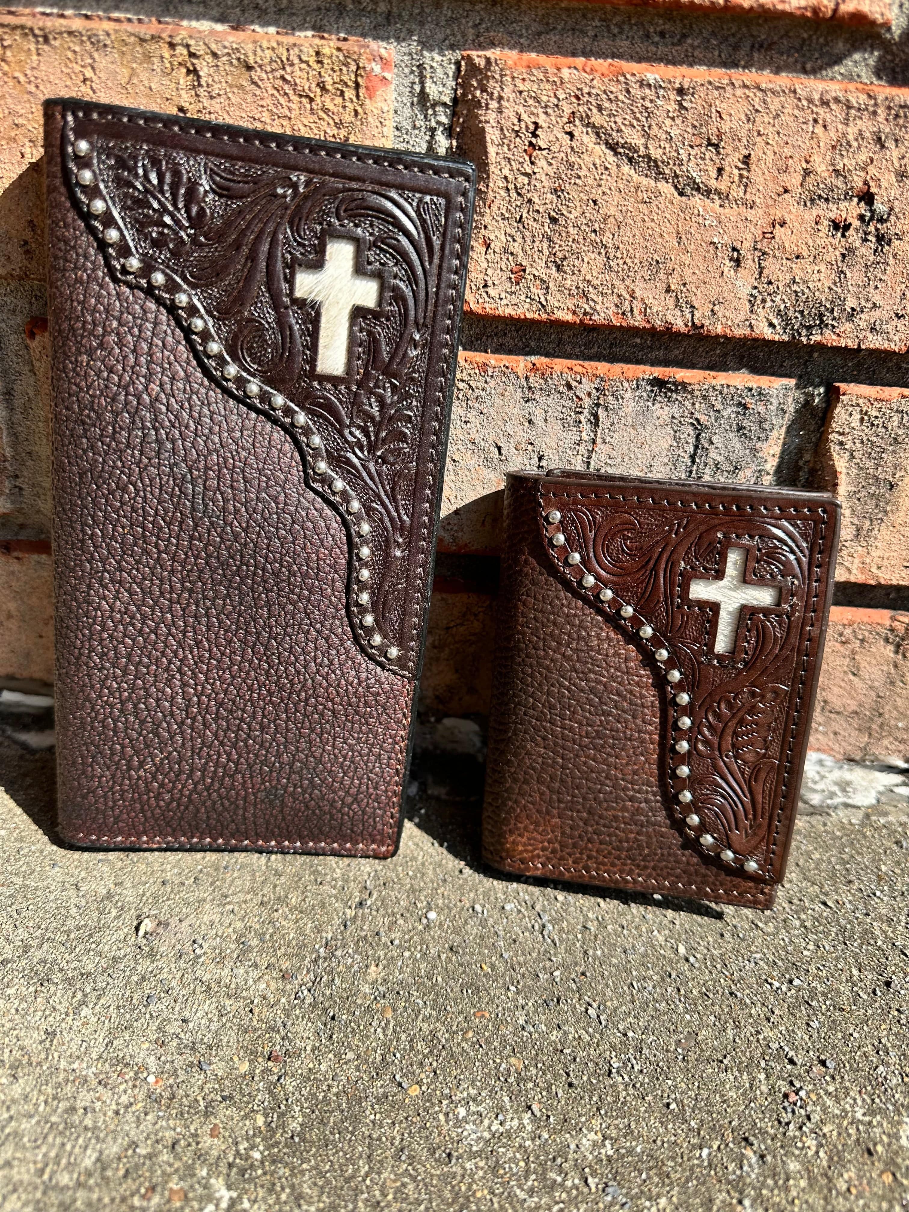Genuine Brown Leather Wallet with Hair on Cross Design - Stylish & Durable Men's Bifold Wallet for Everyday Use & Gift Giving