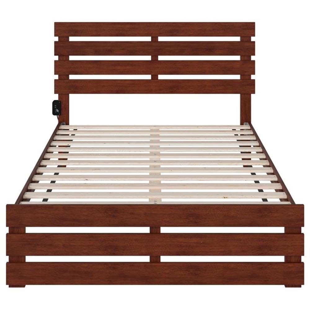 BOWERY HILL Modern Solid Wood Full Size Bed Frame with Footboard & USB Charging Ports - Walnut Finish for Bedroom, Guest Room & Dormitory
