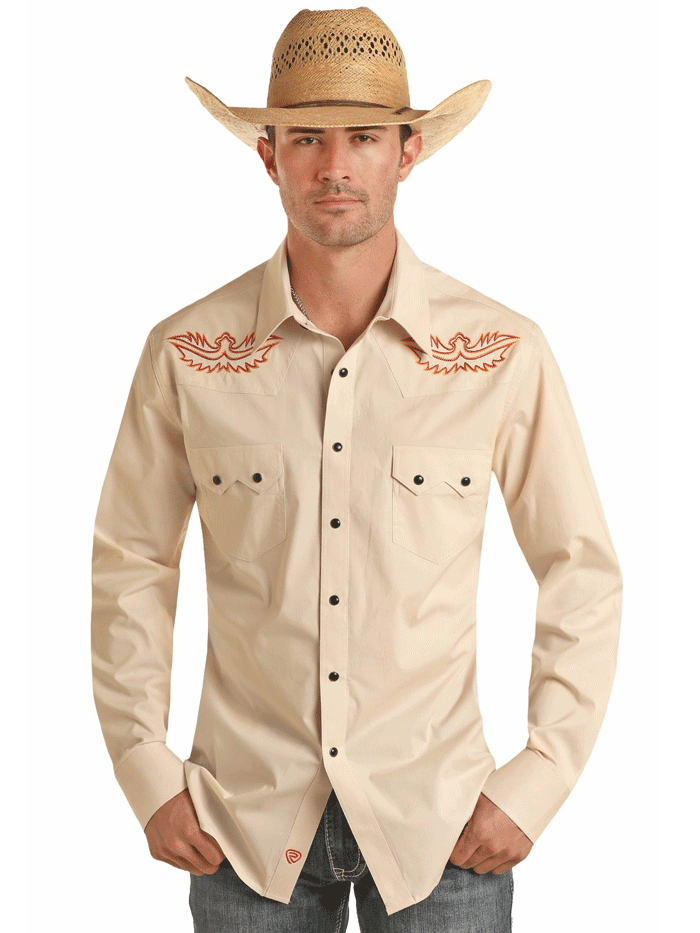 Rock & Roll Denim BMN2S03360 Men's Long Sleeve Embroidery Snap Button Shirt Beige - Vintage Western Style for Casual Wear & Music Festivals