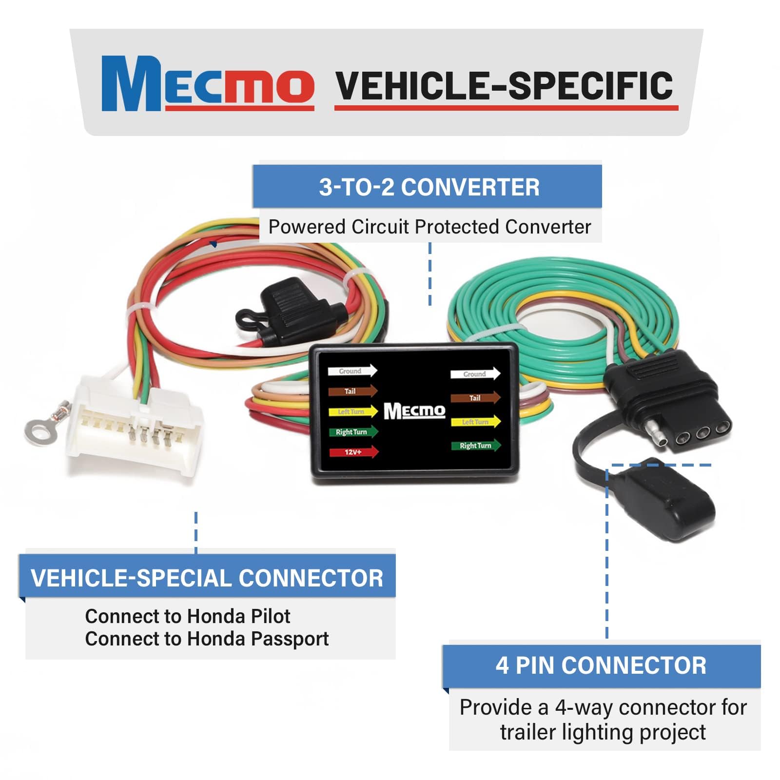 4-Pin Trailer Wiring Harness for 2016-2022 Honda Pilot & 2019-2025 Honda Passport | 56291 T-Connector Vehicle Side Towing Hitch Harness | Easy Trailer Light Connection | Factory Tow Package Required | Perfect for RV Camping, Boat Towing & Utility Trailers