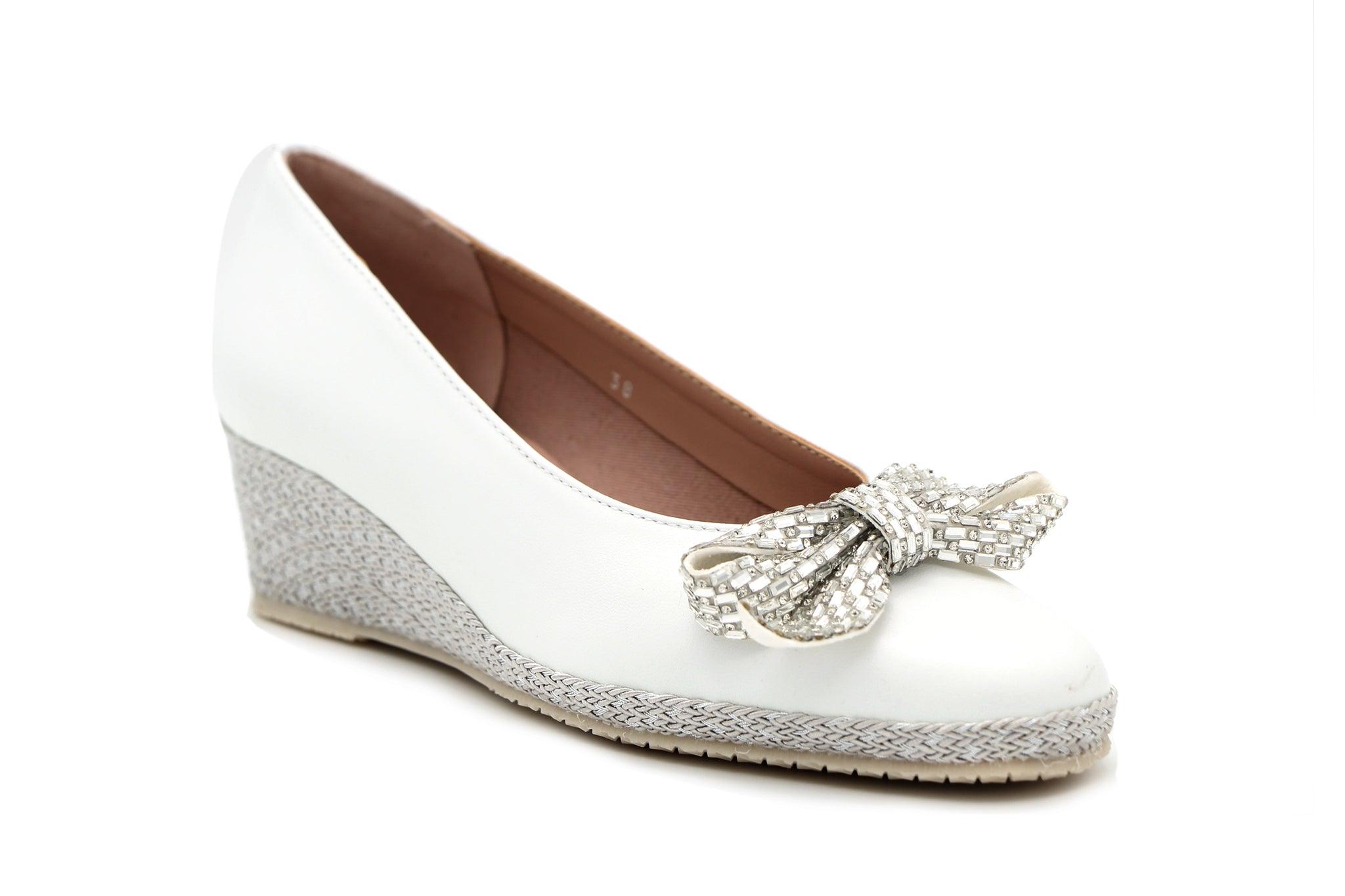 Bruno's Women's White Leather Wedge Shoes with Bow - Comfortable Casual & Dressy Heels for Work, Parties, and Everyday Wear