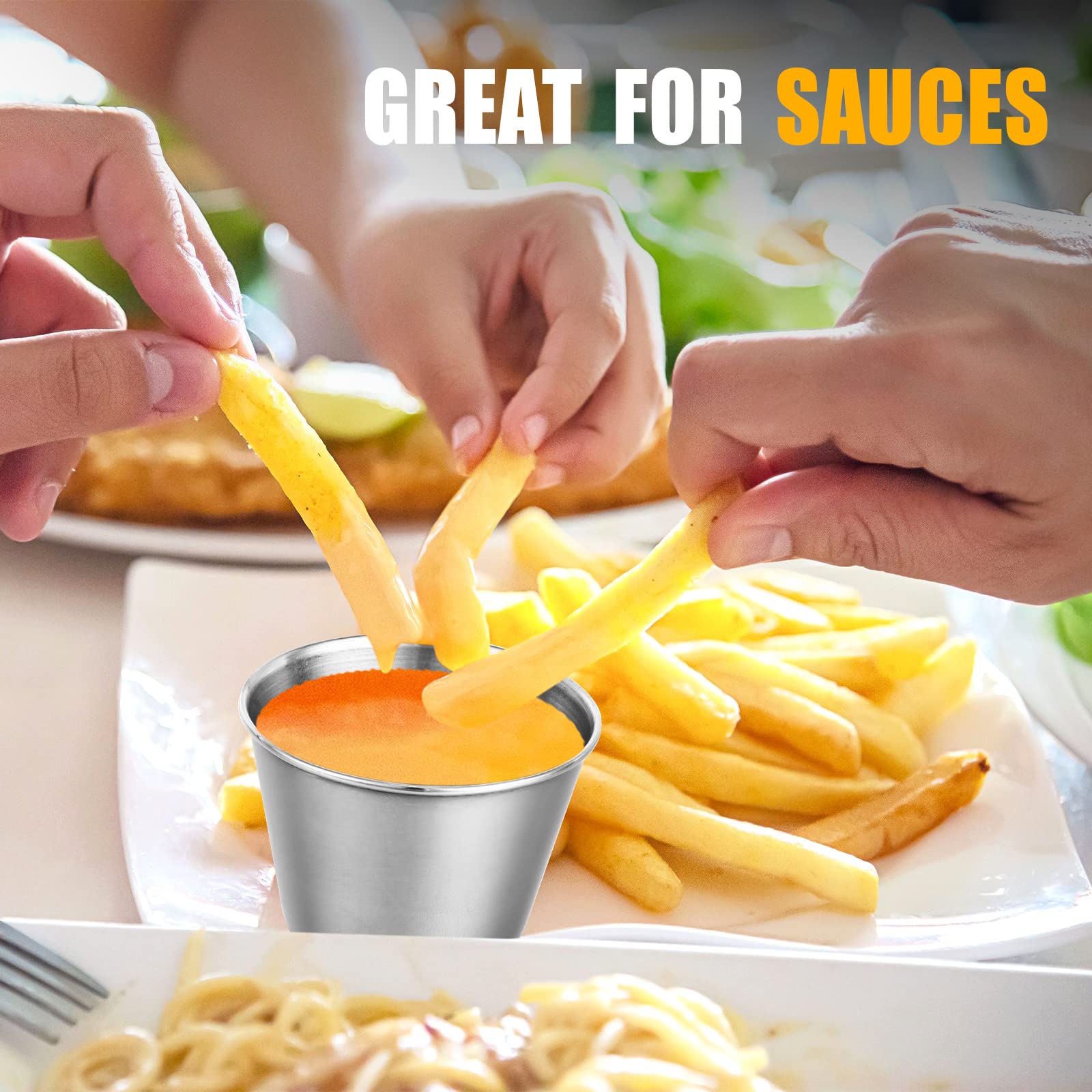 300 Pcs Stainless Steel Sauce Cups 2.5 oz - Metal Ramekins for Salsa, Condiments & Dipping Sauces | Bulk Round Mini Bowls for Parties, Restaurants & Catering Events