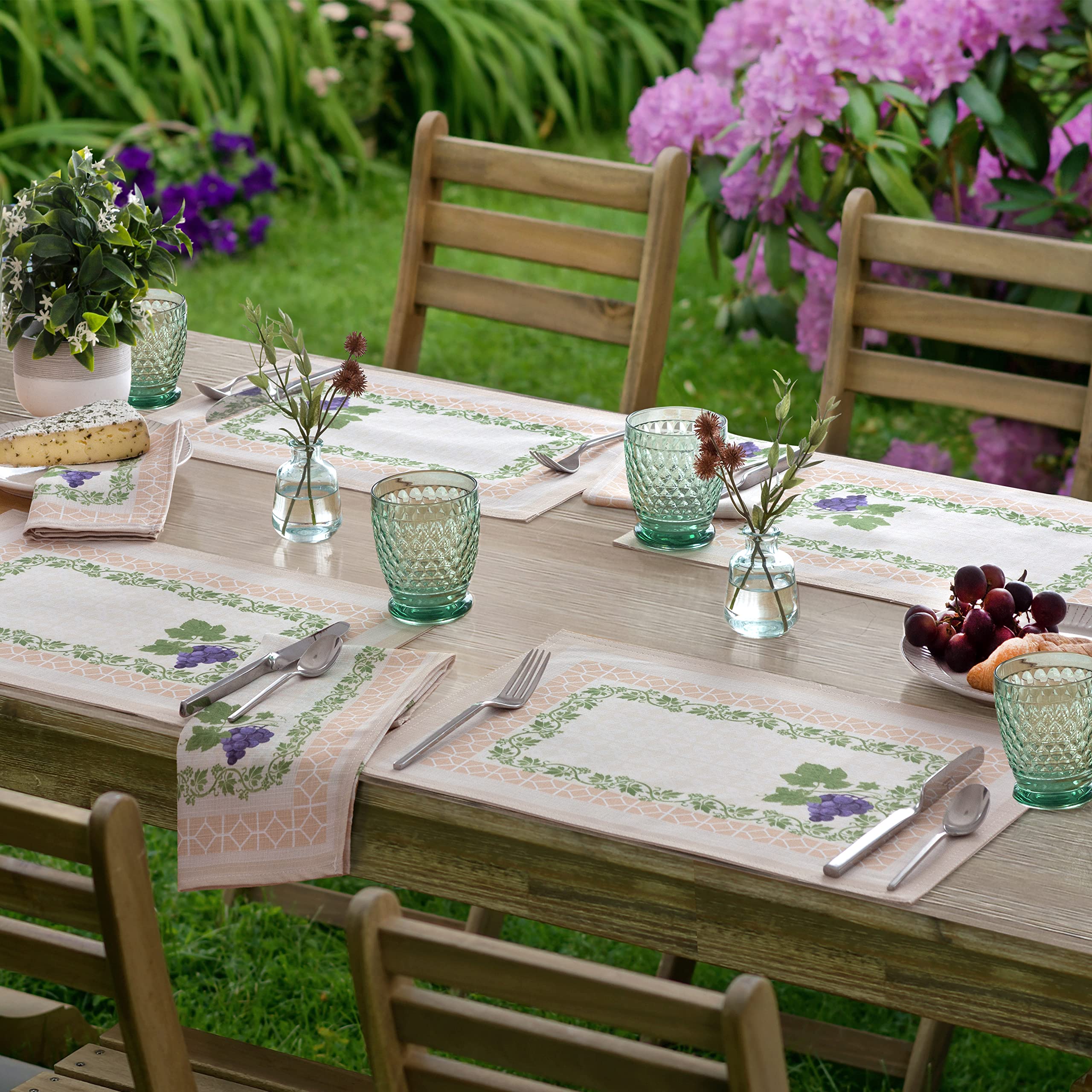 Set of 4 Rectangle Fabric Placemats - Provence Bordeaux Wine Theme with Grapevine Border | Stain & Water Resistant for Indoor/Outdoor Use | Perfect for Dining Tables, Picnics, and Entertaining