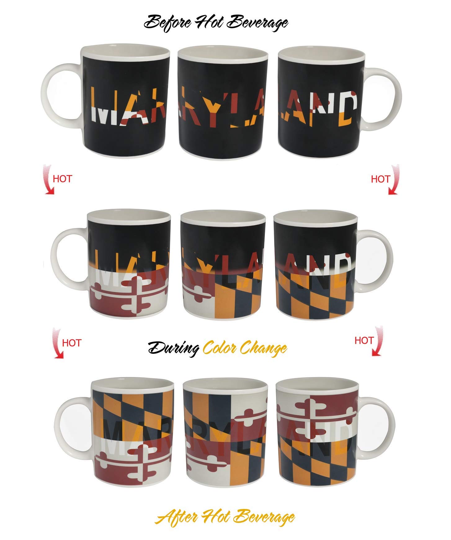 Color Changing Maryland Flag ThermoH Exray Ceramic Coffee Mug - Heat Sensitive State Pride Gift for Home, Office & Outdoor Camping Use