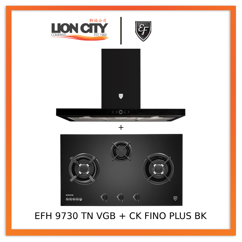 EF EFH 9730 TN VGB 3 Burner Built-In Glass Cooktop with EF 90cm Chimney Hood CK FINO PLUS BK - Modern Kitchen Cooking Solution for Home Chefs