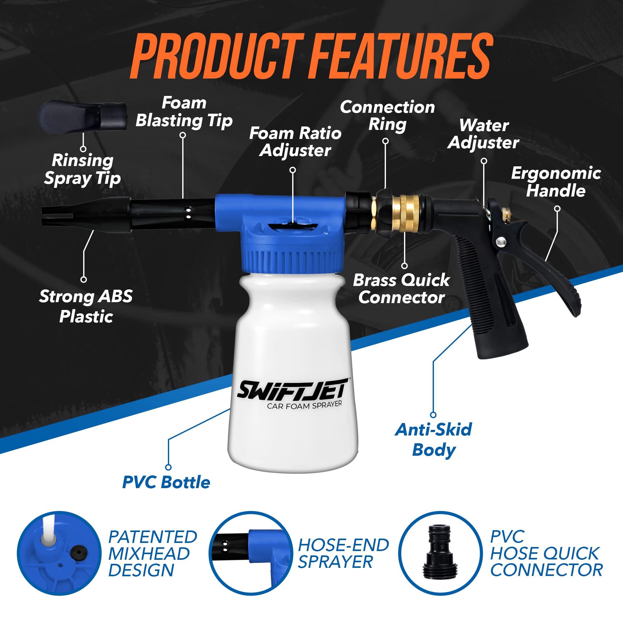 Premium Car Wash Foam Gun with Microfiber Mitt - High Pressure Foam Cannon Sprayer Kit for Auto Detailing - Garden Hose Snow Foam Blaster - Best Car Cleaning Accessories for Men & Women (Blue) - Perfect for Home Car Washing, Driveway Cleaning & Vehicle Maintenance