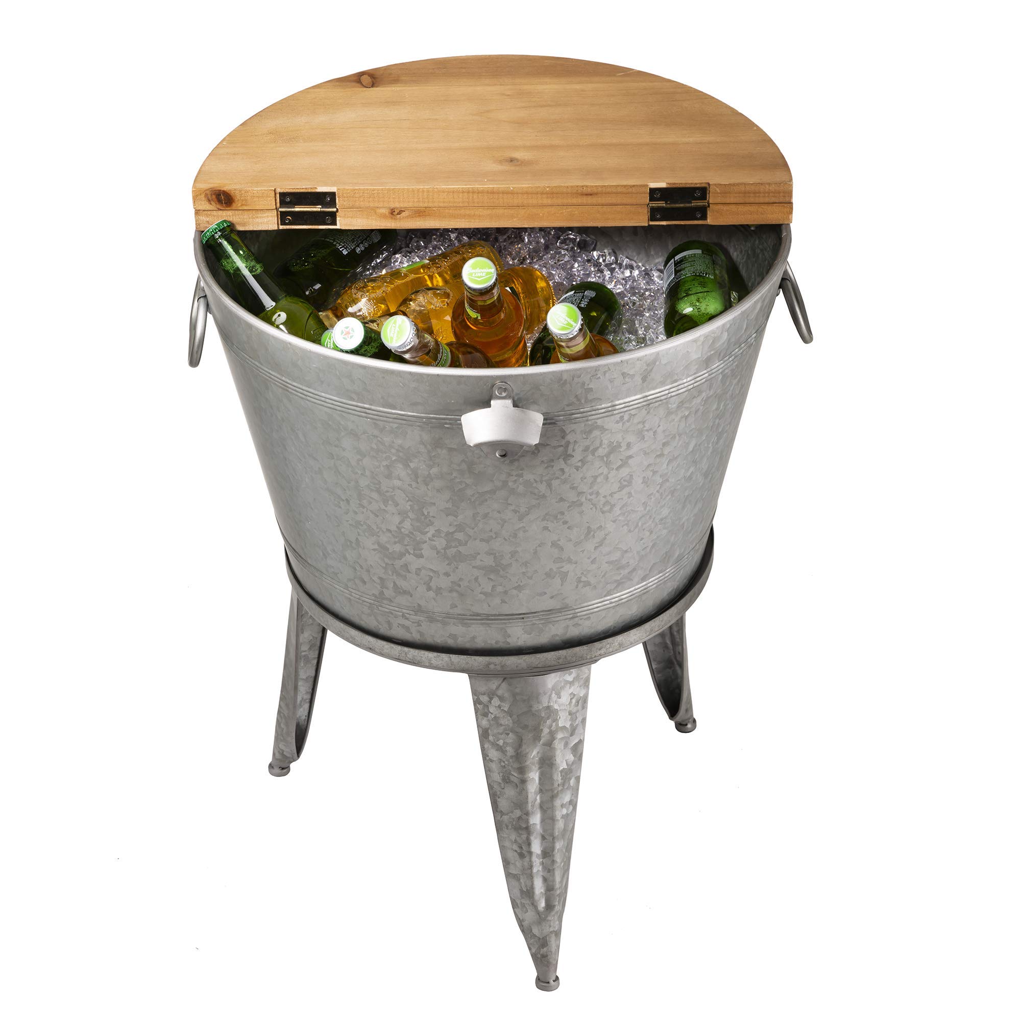 Glitzhome 8 Gallon Galvanized Metal Ice Bucket with Stand - Rustic Firwood Lid & Ring Handles for Wine, Beer, Champagne - Perfect for Cocktail Parties, Mimosa Bars, Wedding Receptions & Outdoor Entertaining