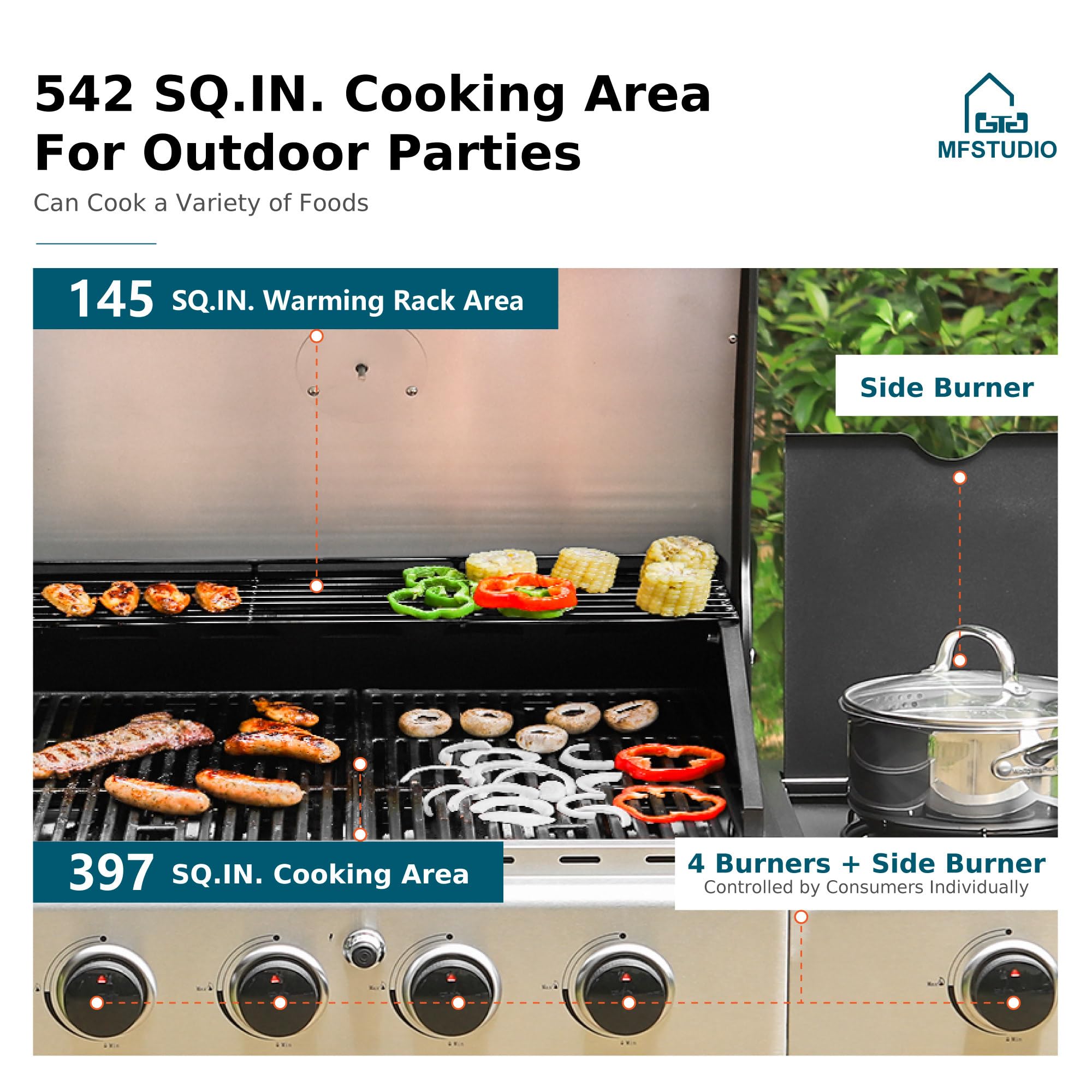 MFSTUDIO 4-Burner Propane Gas Grill - Stainless Steel BBQ Grill with Side Burner & Porcelain-Enameled Cast Iron Grates | High Output Outdoor Cooking for Backyard, Patio, Camping & Tailgating | Gold Finish