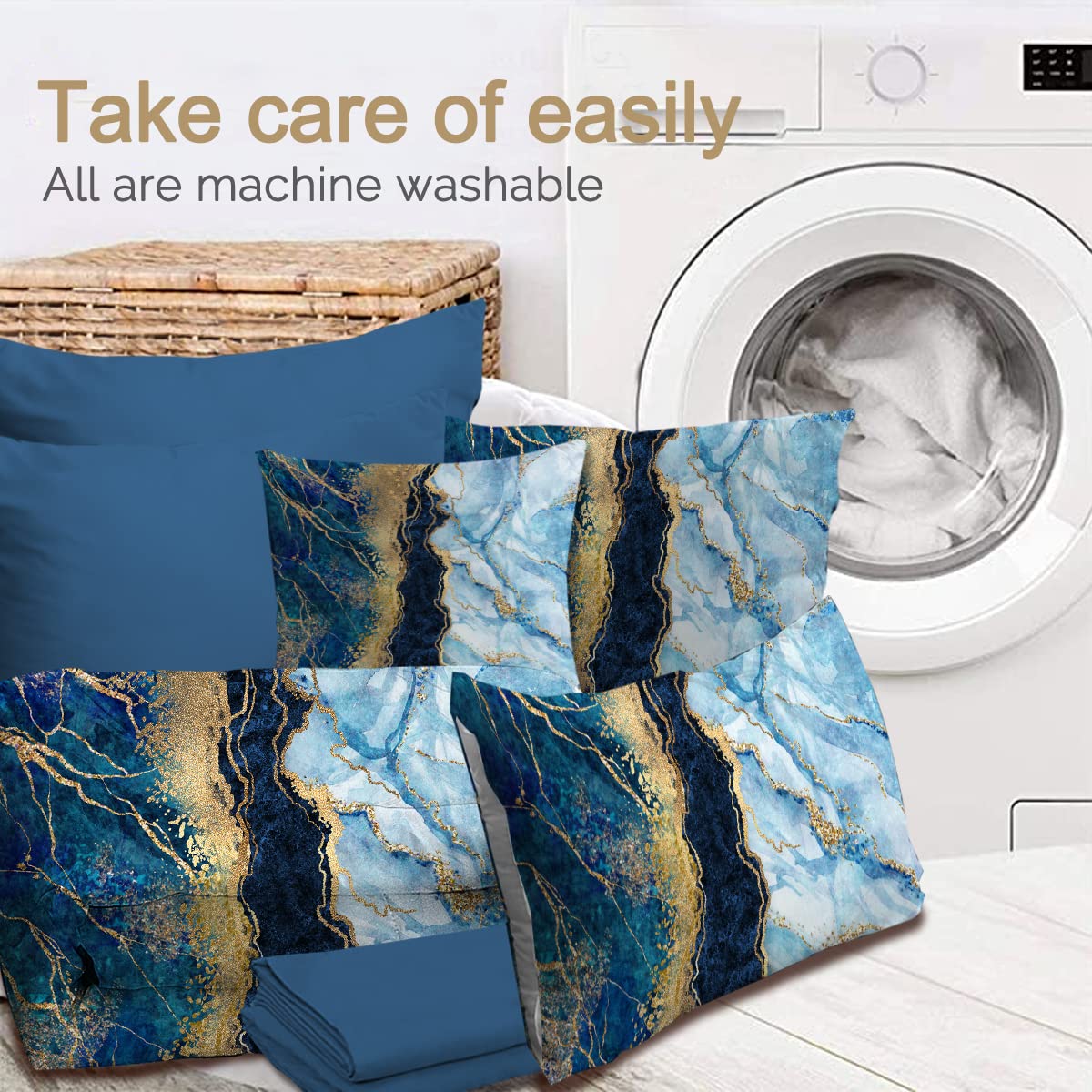 BlessLiving Luxury Queen Size Comforter Set - Navy Blue Gold Glitter 8-Piece Bedding Set with Ultra Soft Abstract Design, All-Season Durable Marble Print Bed in a Bag | Perfect for Modern Bedrooms, Guest Rooms & Dorm Decor