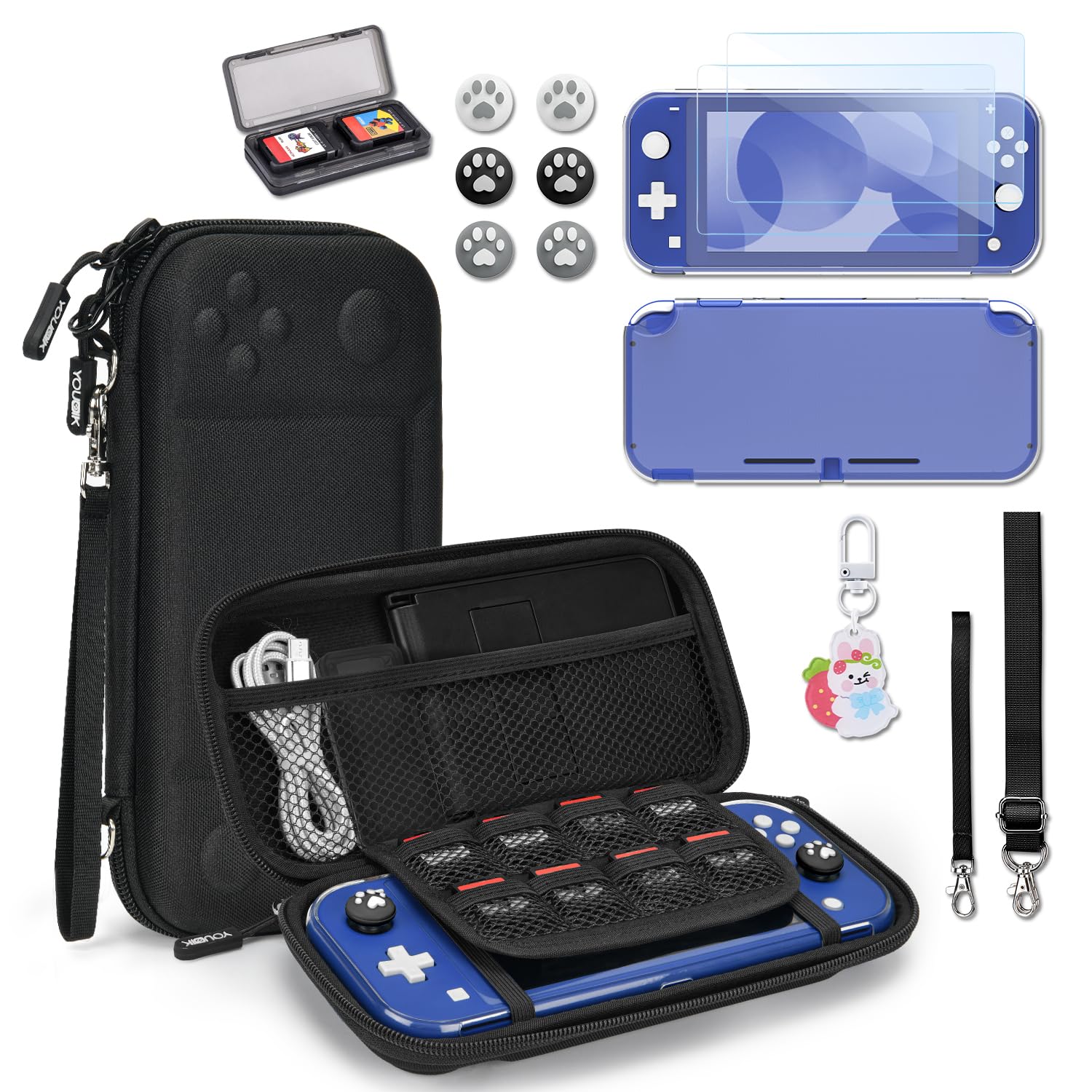 Younik Switch Lite Case - 14-in-1 Accessories Kit with Protective Cover, Game Card Holder, Screen Protectors & Thumb Grips | Portable Carrying Case for Nintendo Switch Lite | Perfect for Travel, Gaming On-The-Go & Storage (Black)