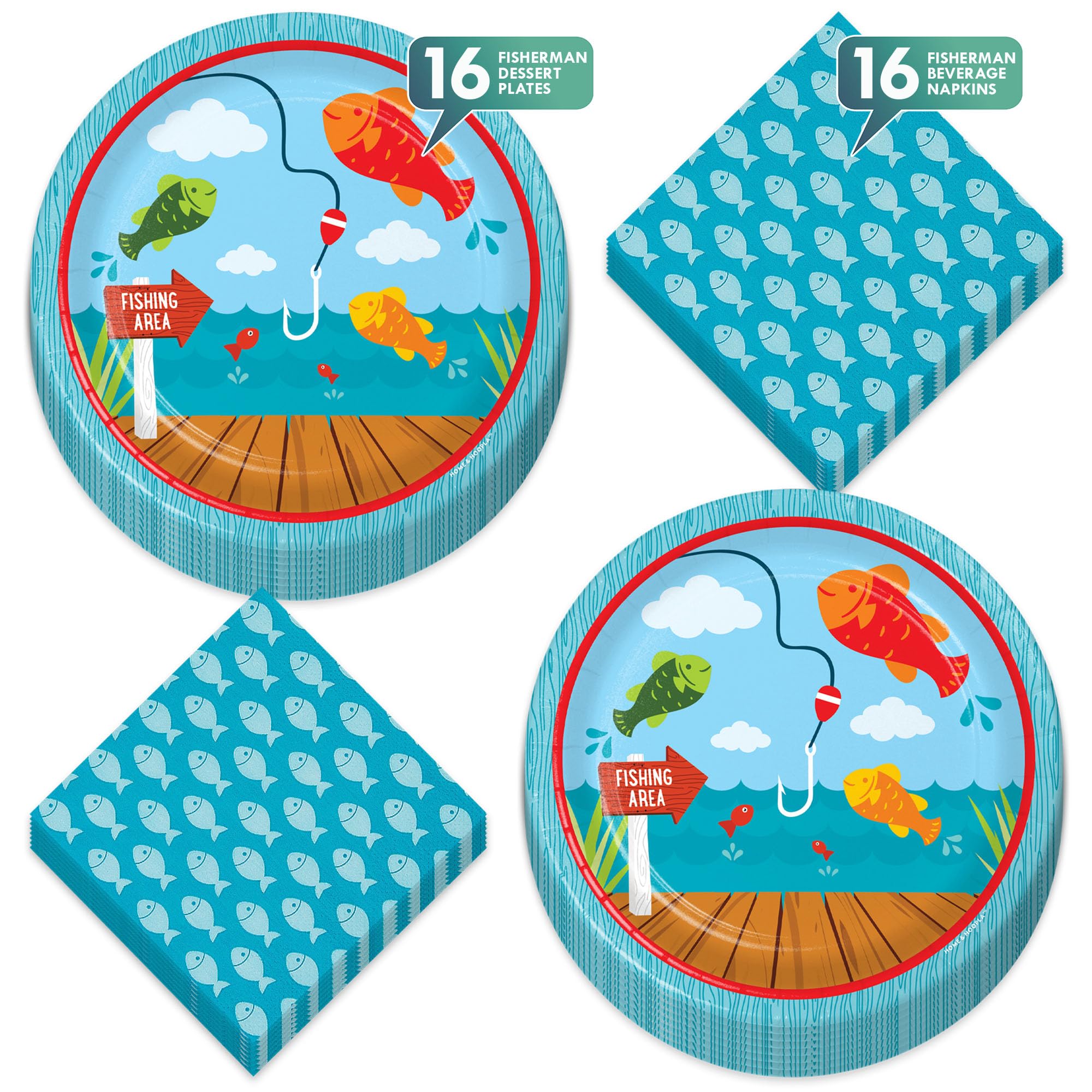 Fisherman Party Supplies - 16 Fishing & Camping Themed Paper Dessert Plates and Beverage Napkins Set for Outdoor BBQs, Birthday Parties, and Themed Events