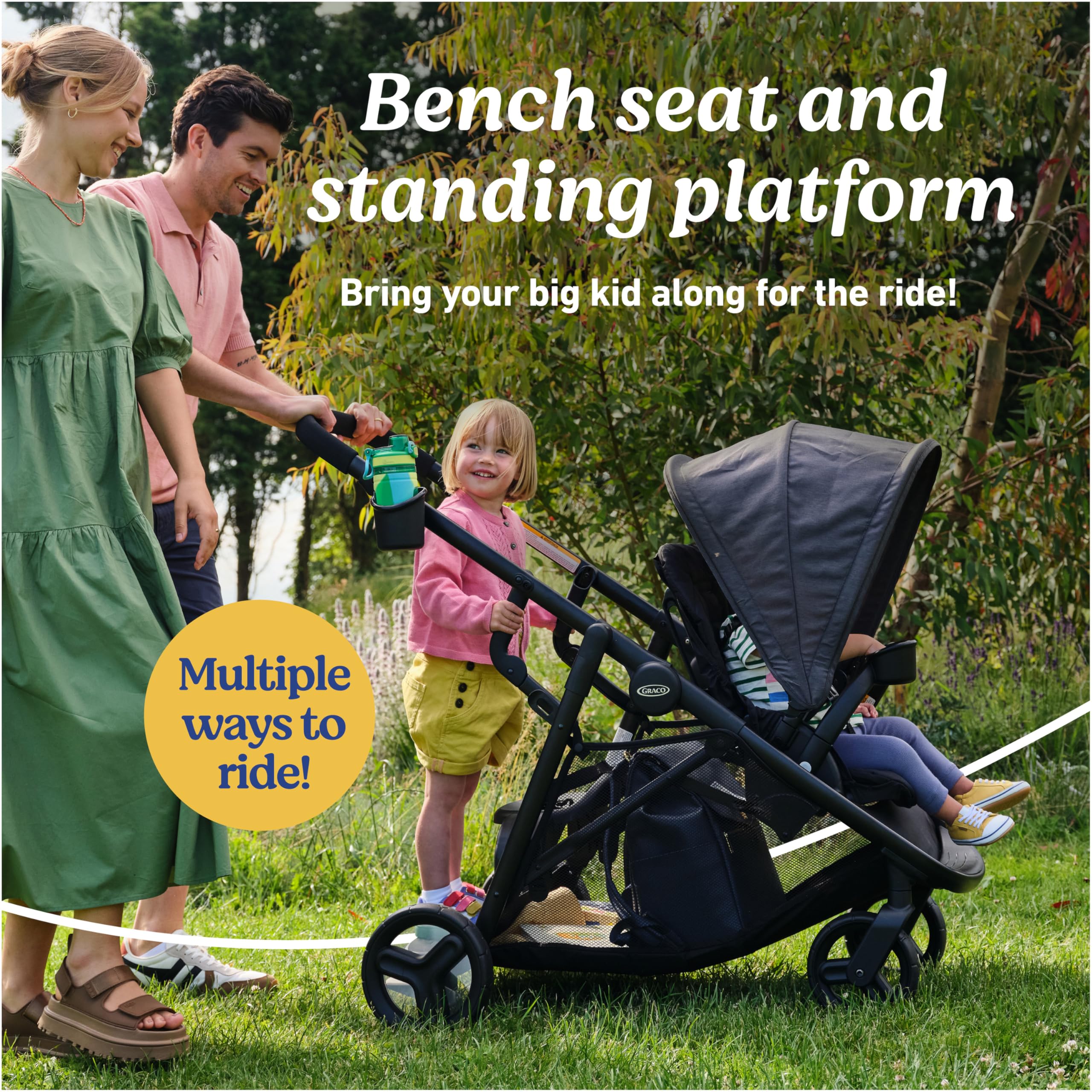 Graco Ready2Grow 2.0 Double Stroller with Bench Seat & Standing Platform - Lightweight Foldable Stroller for Twins & Siblings - Perfect for Shopping, Travel & Daily Walks