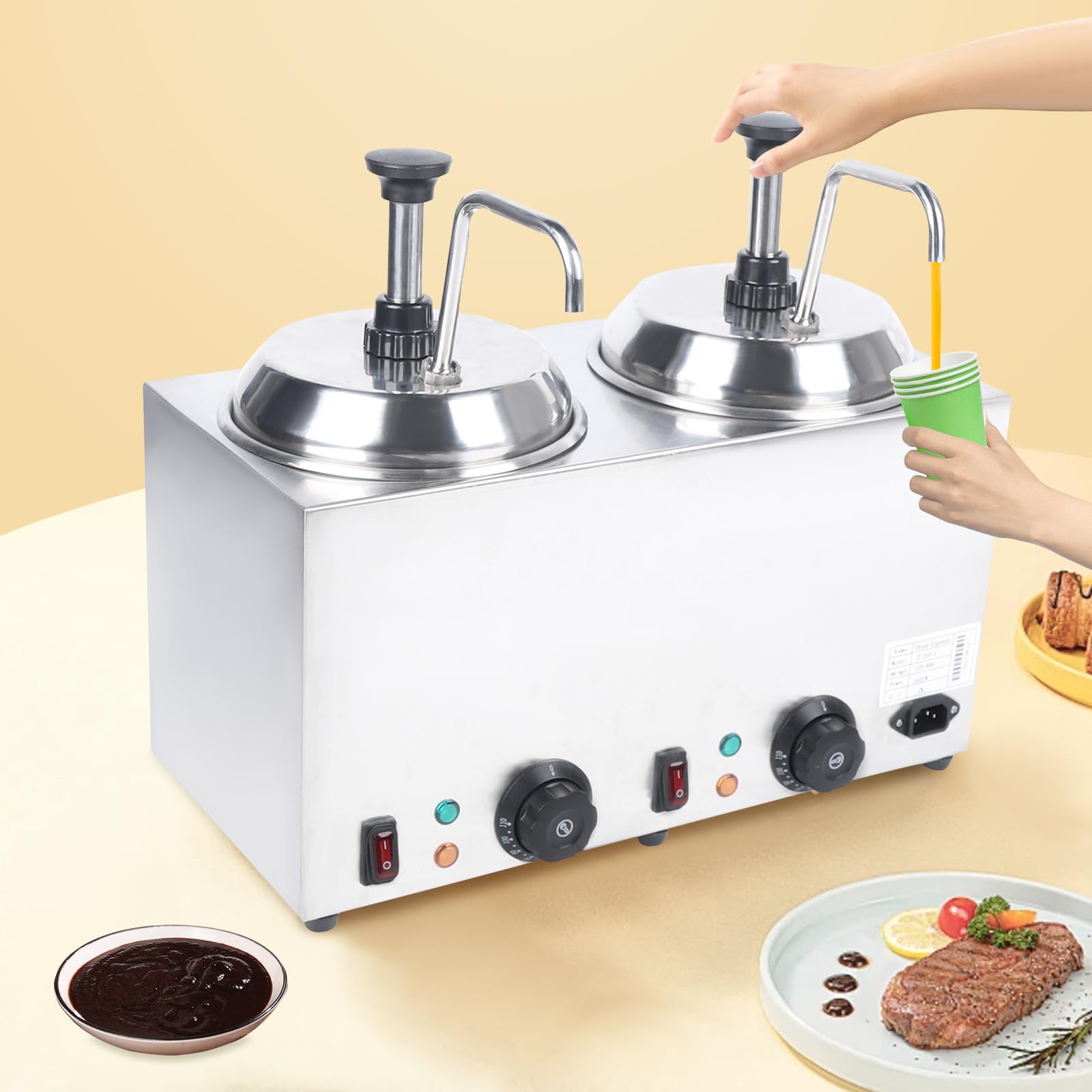 Commercial Electric Nacho Cheese Warmer with Heated Spout & Pump - 2L x 2 Double Head Square Cheese Melting Machine - Hot Fudge, Caramel & Butter Sauce Warmer with Temperature Control - Perfect for Movie Theaters, Stadiums & Food Trucks