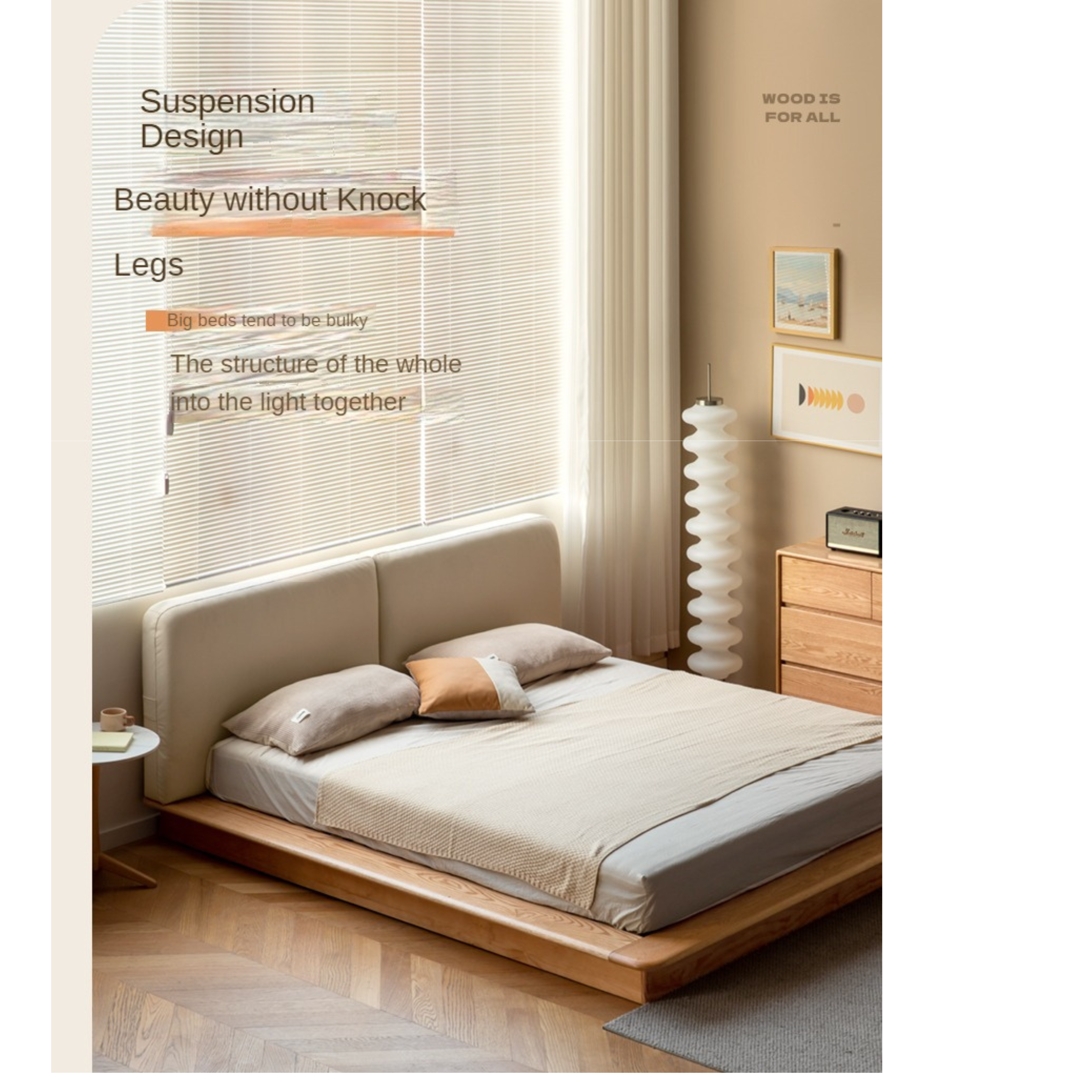 Solid Oak Wood Floating Platform Bed with Soft Fabric Headboard - Modern Technology Bed Frame for Bedroom, Living Room, or Guest Room