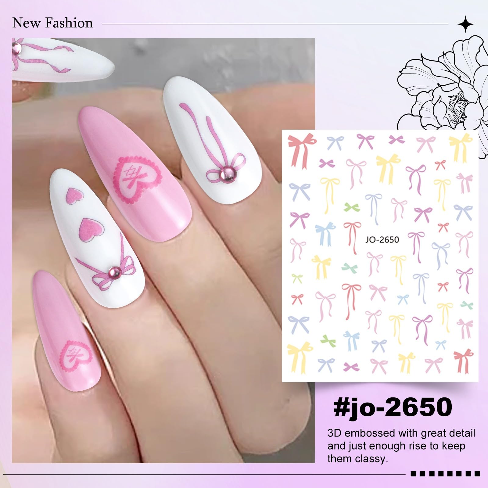 6 Sheets 3D Embossed Bow Nail Stickers - Self-Adhesive 5D Design Nail Art Decals for Women & Girls - Perfect for Manicure, Parties, Weddings & Special Occasions
