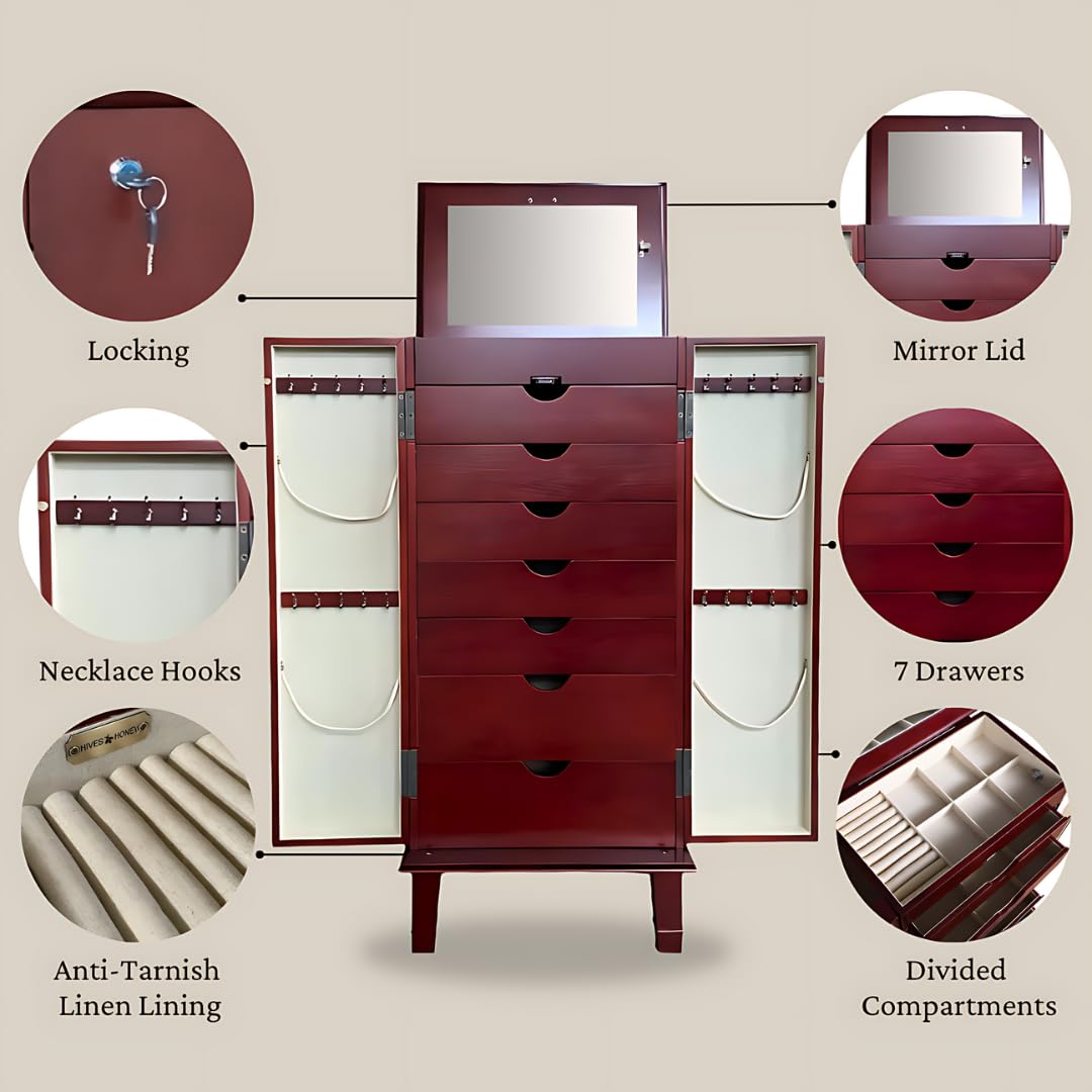 Premium Carson Fully Locking Jewelry Cabinet - Secure Storage for Necklaces, Rings & Watches | Perfect for Bedroom, Closet & Travel Organization