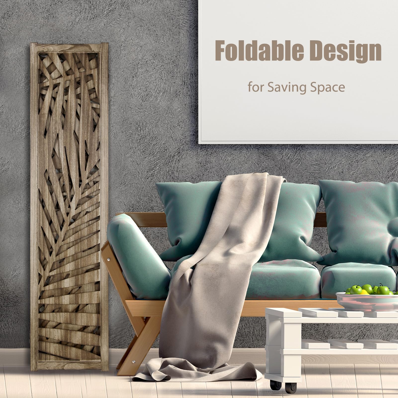 ECOMEX 4 Panel Palm Leaf Room Divider - Freestanding Partition Screen with Retro Leaf Cutout Design in Brown | Perfect for Living Room, Bedroom & Office Privacy