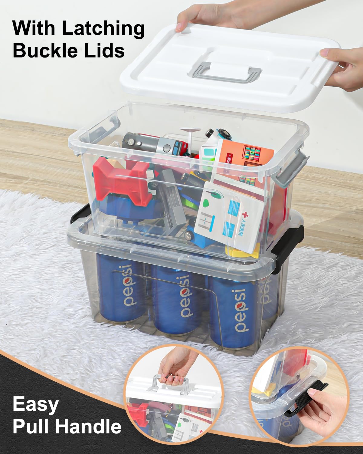 7 Quart Plastic Storage Bins with Lids - 6 Pack BPA-Free Stackable Latching Containers with Grey Handles for Home, Office, Kids Room, Closet & School Organization - Perfect for Art Supplies, Toys, Documents & Household Storage