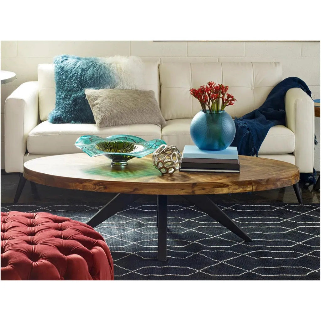 58 Inch Oval Coffee Table - Rustic Brown Wooden Living Room Centerpiece for Modern & Farmhouse Decor