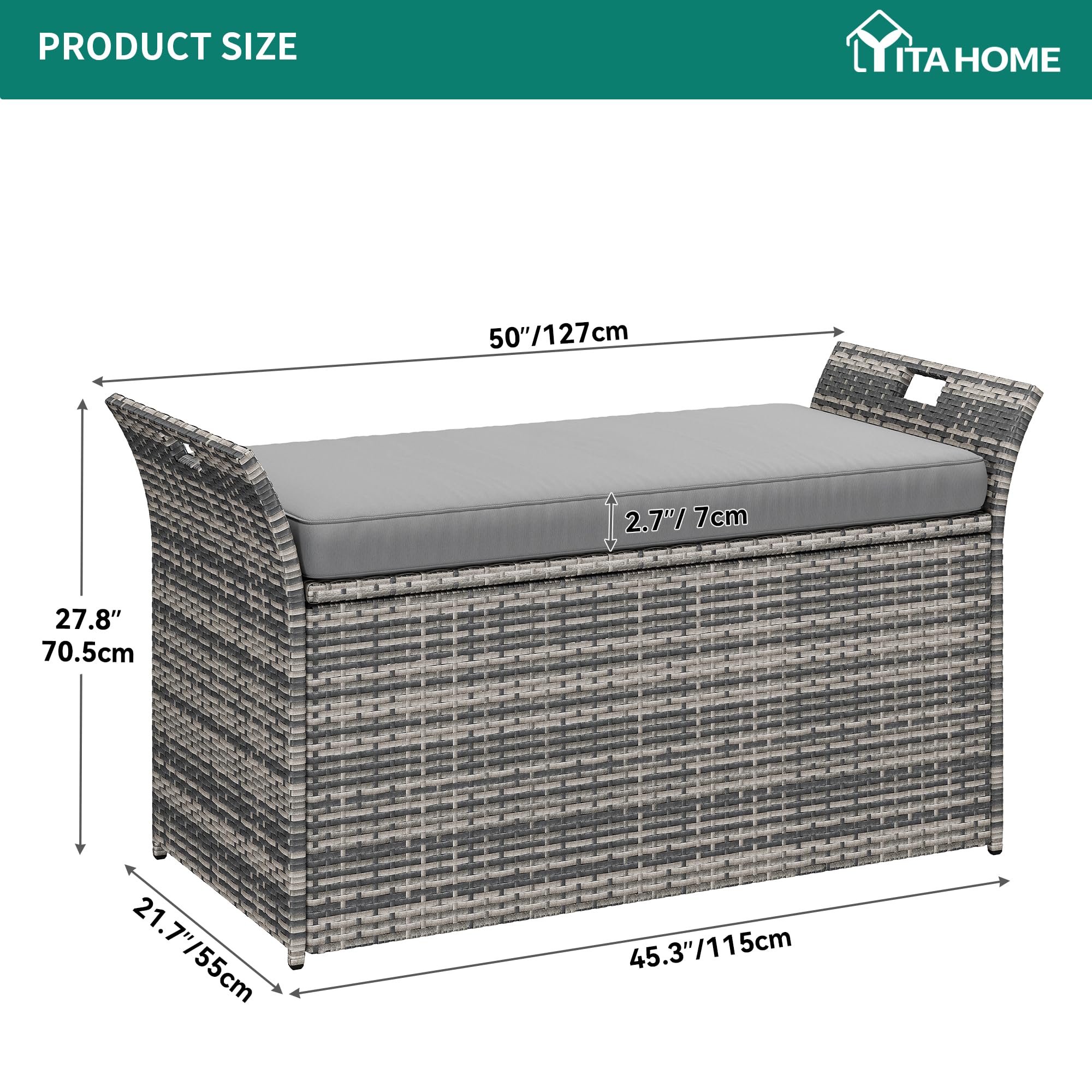 YITAHOME 90 Gallon Outdoor Wicker Storage Bench with Cushion - Large PE Rattan Deck Box with Handles & Hydraulic Lid - Perfect for Patio Furniture Storage, Garden Tools, Pool Accessories & Sports Equipment (Gray) - Ideal for Backyard, Deck, Poolside & Outdoor Organization