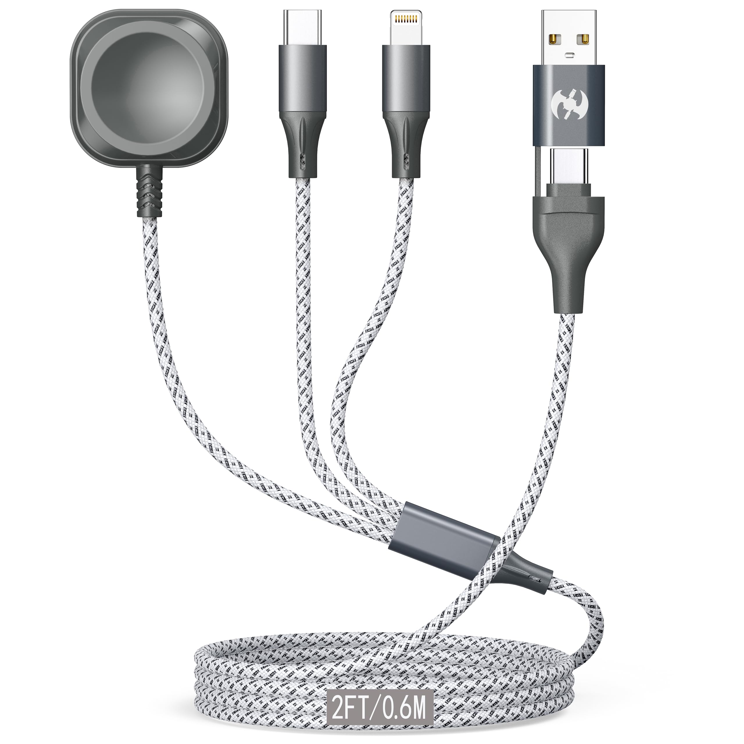 3-in-1 Magnetic Wireless Charging Cable for Apple Watch/iPhone/Android - 2FT Nylon Braided USB-C to Lightning & USB-C Cable - Fast Charging Cord for Home, Office, Travel & Car Use