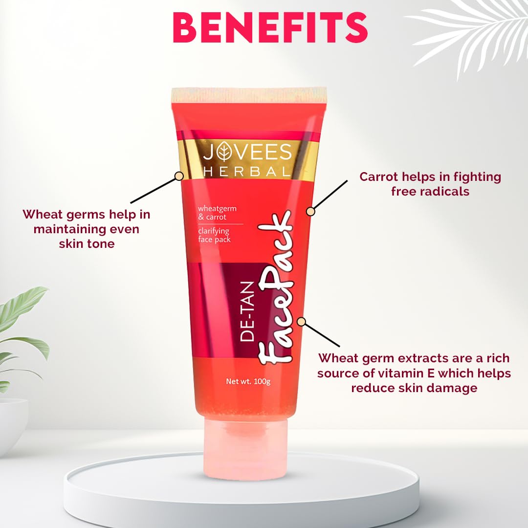 Jovees Herbal De-Tan Face Pack with Wheat Germ & Carrot | Natural Tan Removal & Skin Brightening Treatment | 100% Herbal, Paraben & Alcohol Free | 100g | Perfect for Sun-Damaged Skin & Post-Vacation Glow Recovery