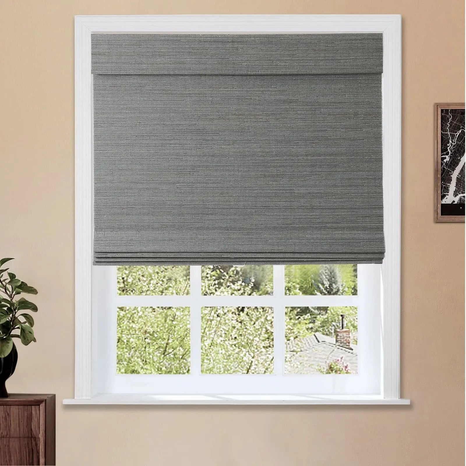 Natural Ramie Bamboo Woven Window Shade - Light Grey - Eco-Friendly Room Darkening Blinds for Living Room & Bedroom