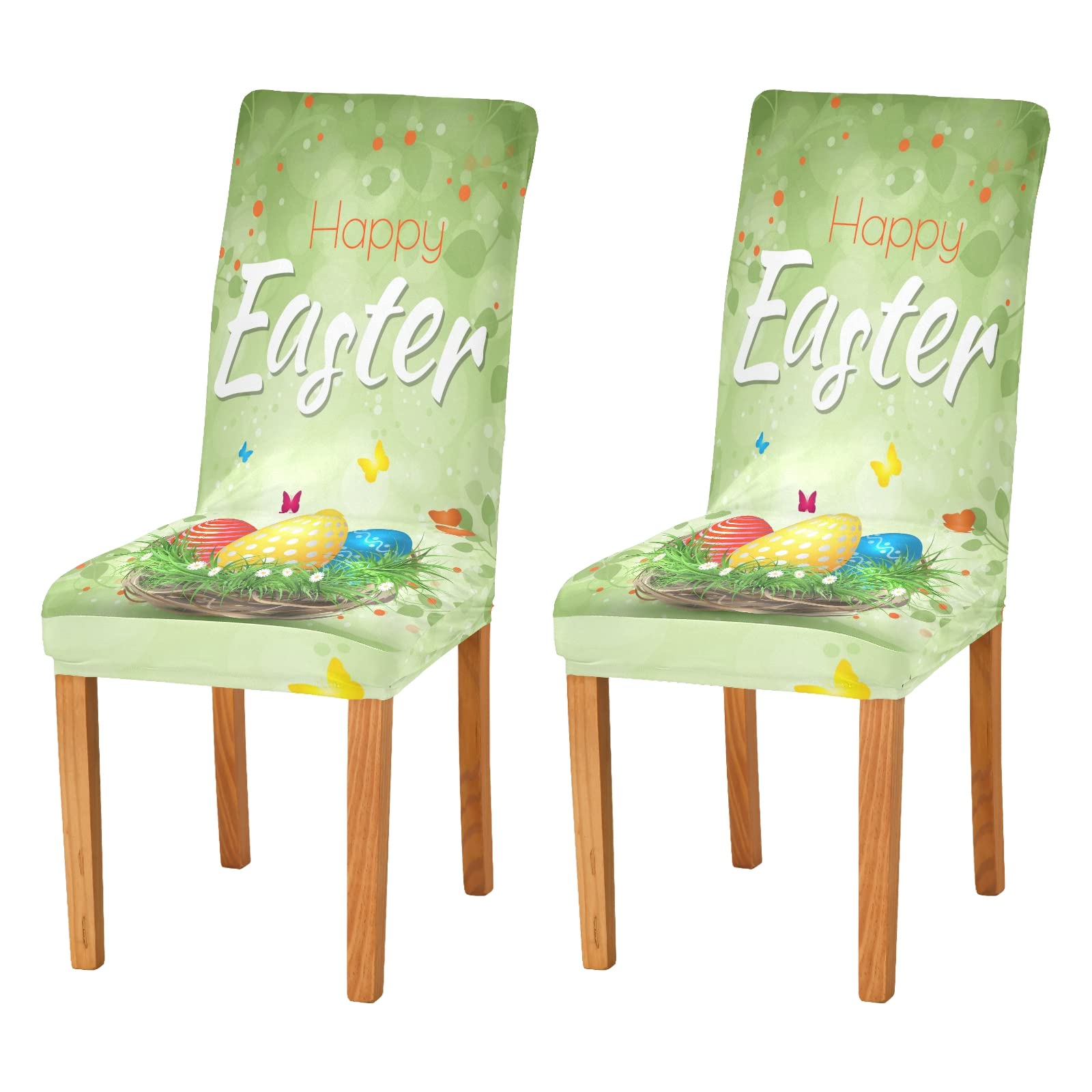 2 Pack Easter Egg Print Spandex Chair Covers - Stretchable Elastic Dining & Living Room Chair Protectors for Weddings, Banquets, Parties - Fits Most Chairs (Green Background Design) - Perfect for Holiday Decor, Home Styling & Event Seating