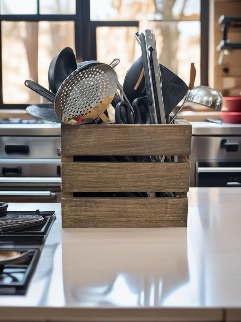 Darla'Studio 66 Wooden Crate Utensil Holder - Rustic Kitchen Organizer for Spoons, Forks & Cooking Tools - Perfect for Farmhouse, Country Style Kitchens & Dining Room Decor