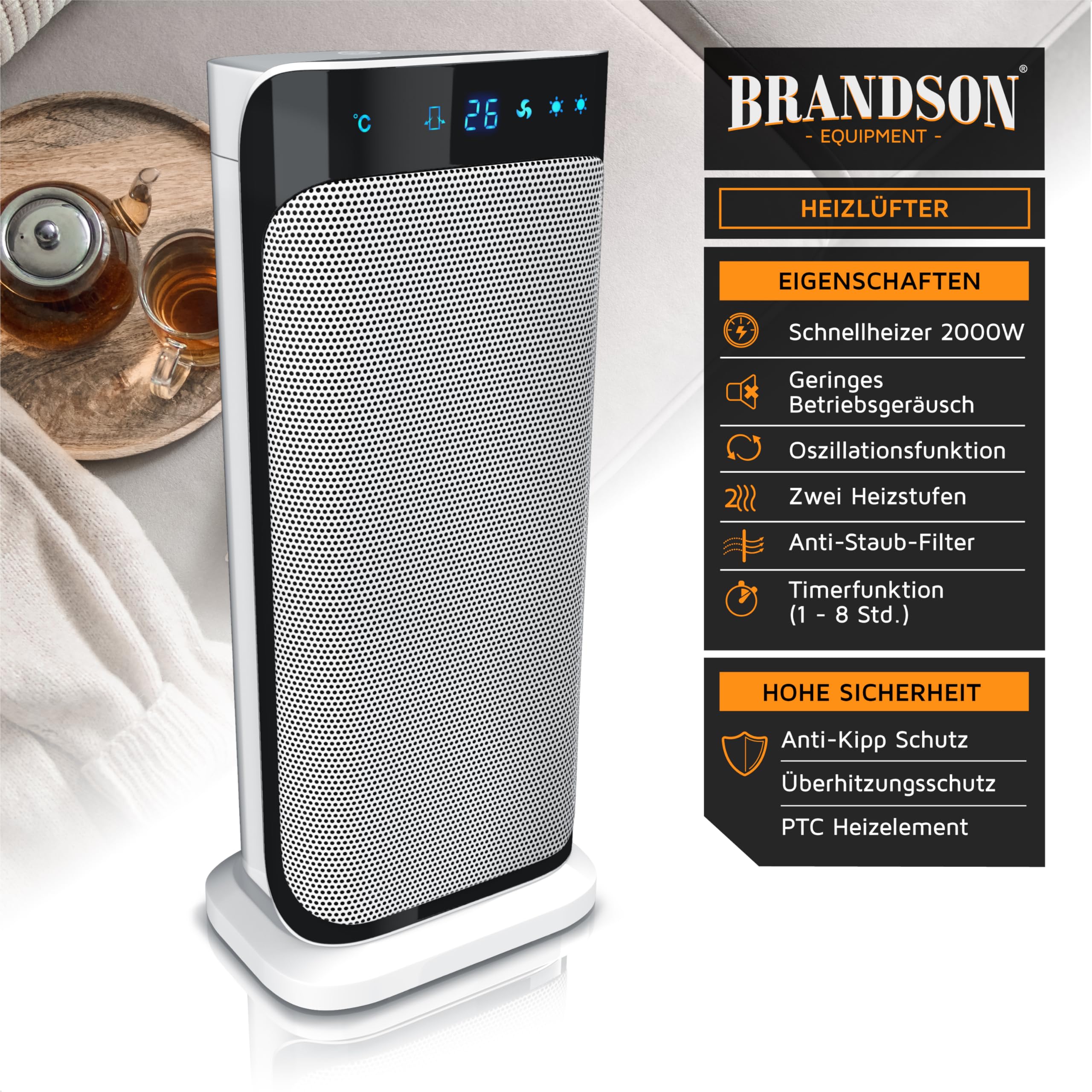 Brandson - Energy Efficient Ceramic Space Heater with Remote Control - Quiet Oscillating Bathroom Heater with Timer - GS Certified - Perfect for Bedroom, Office & Small Spaces