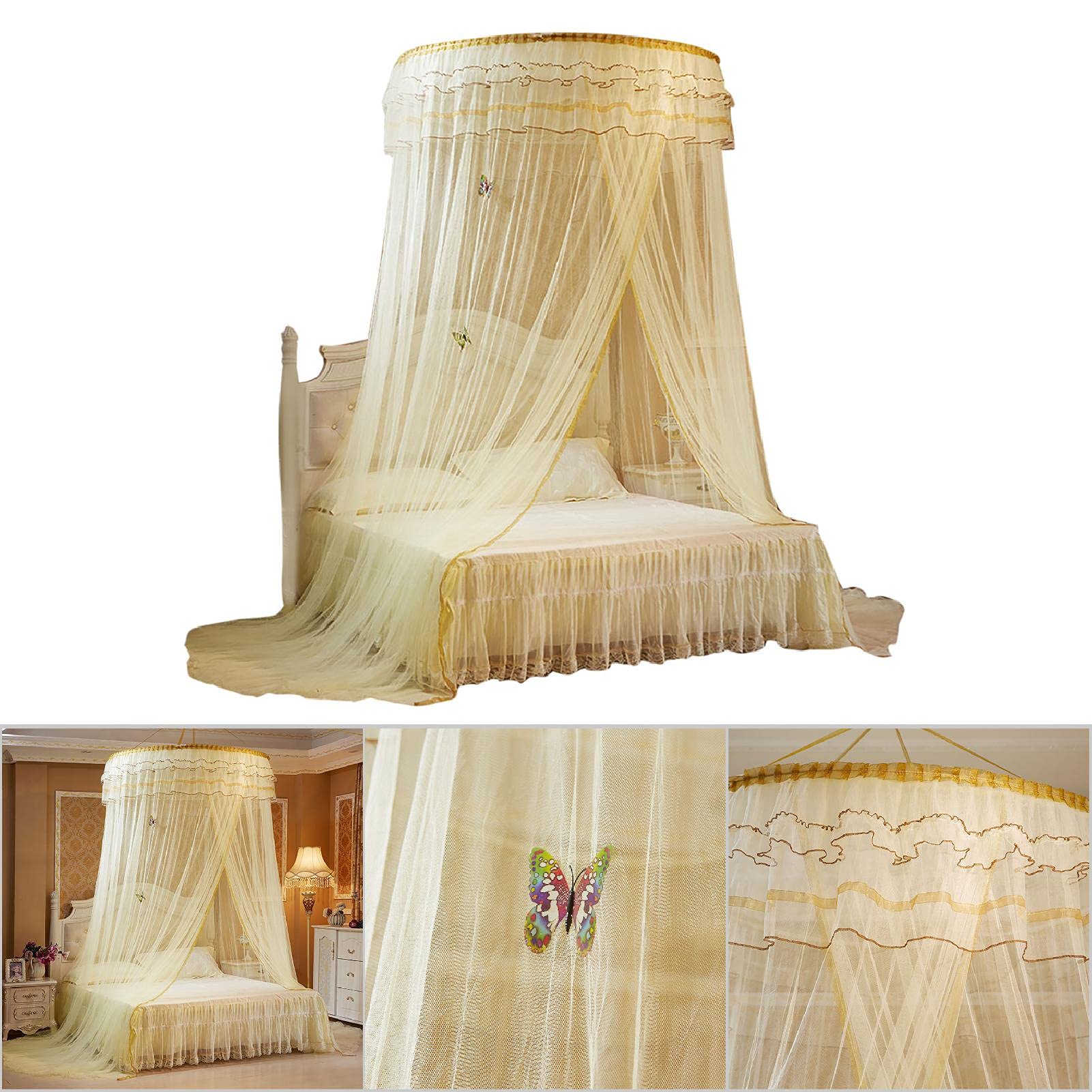 Breathable Round Lace Princess Bed Canopy for Kids & Baby - 360° Foldable Bed Tent with Netting, Home Decoration for Nursery & Bedroom (Beige) | Perfect for Birthday Gifts, Room Makeovers & Princess-Themed Decor