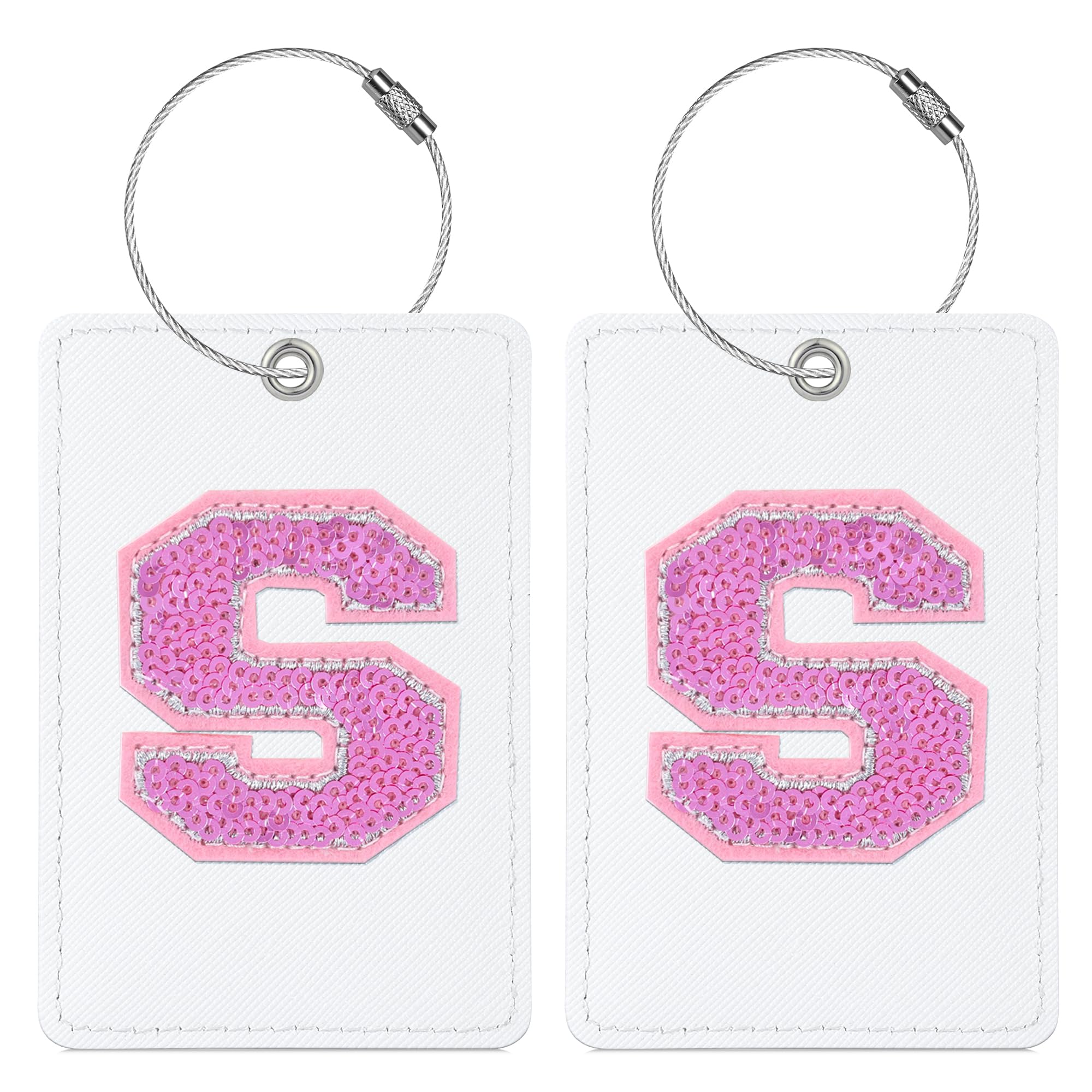 Custom Initial Luggage Tags - 2 Pack Cute Sequin Letter PU Leather Suitcase ID Tags with Steel Loops for Women, Kids & Teens (S Size, White Leather + Hot Pink Letter) - Perfect for Travel, Vacation & Suitcase Identification