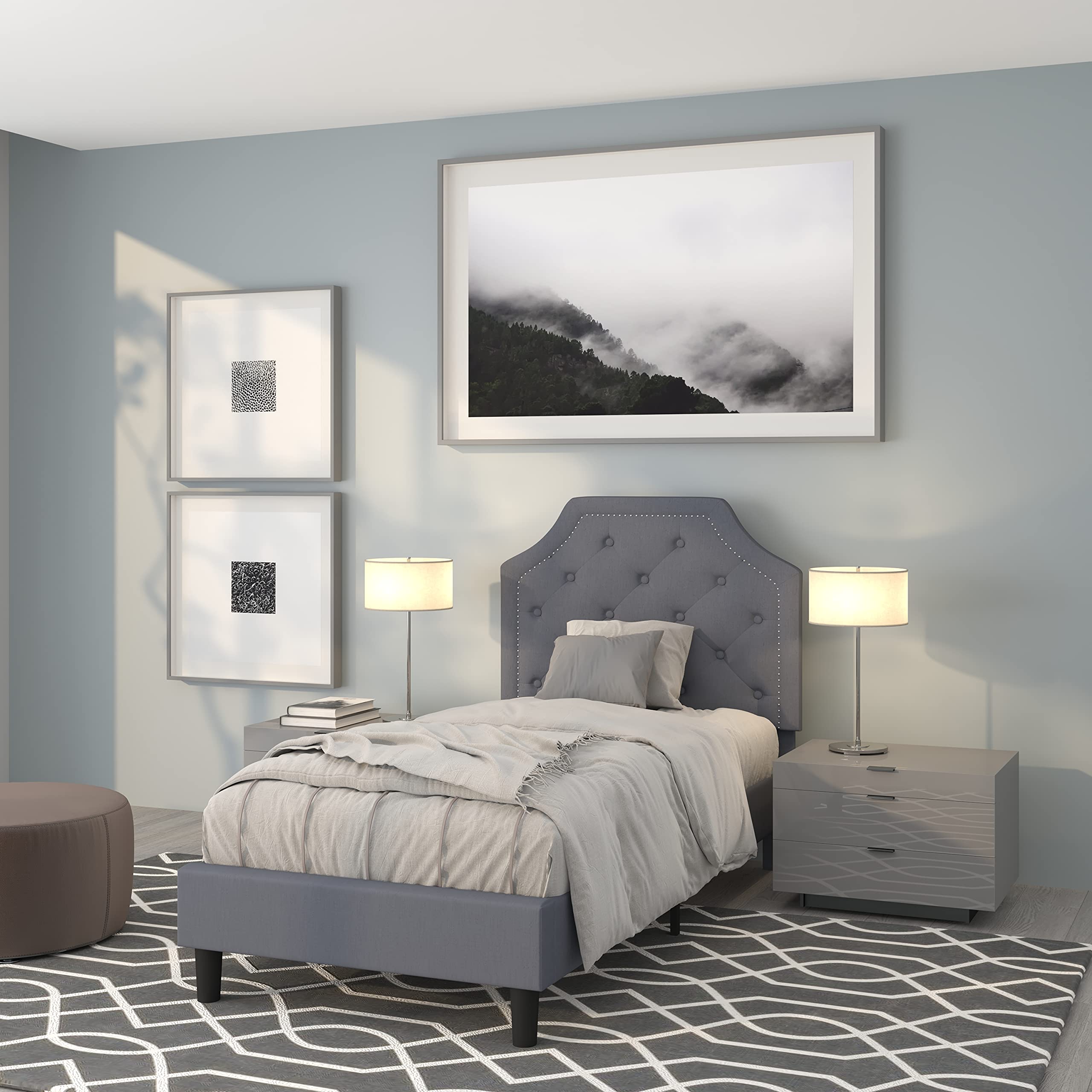 Flash Furniture Brighton Twin Size Tufted Upholstered Platform Bed in Light Gray Fabric - Modern Bedroom Furniture for Kids, Teens & Guest Rooms