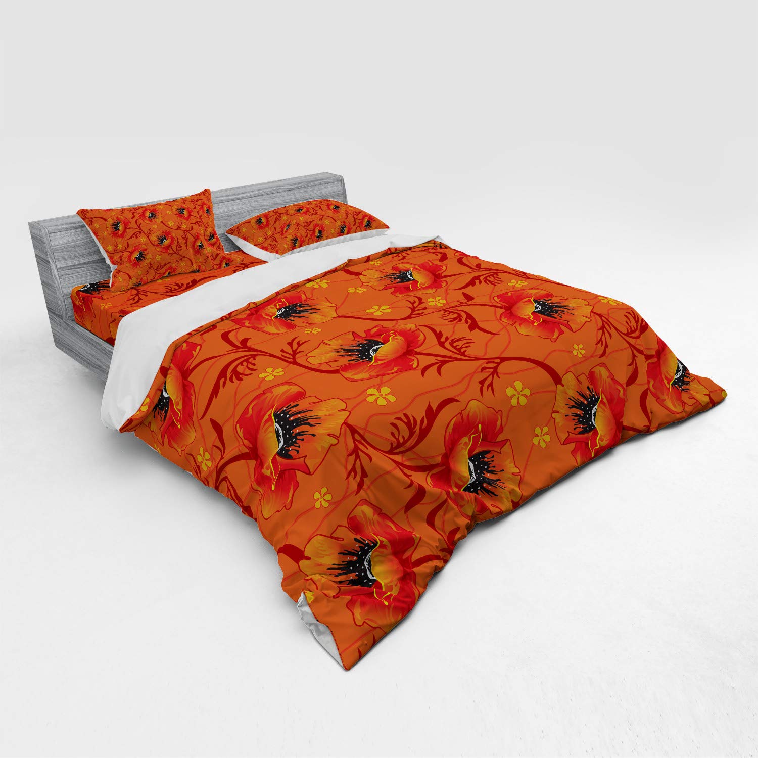 Ambesonne Bohemian Floral Duvet Cover Set - 4 Piece King Size Bedding with Poppy Flower Print in Burnt Orange & Yellow | Perfect for Master Bedroom, Guest Room & Bohemian Home Decor