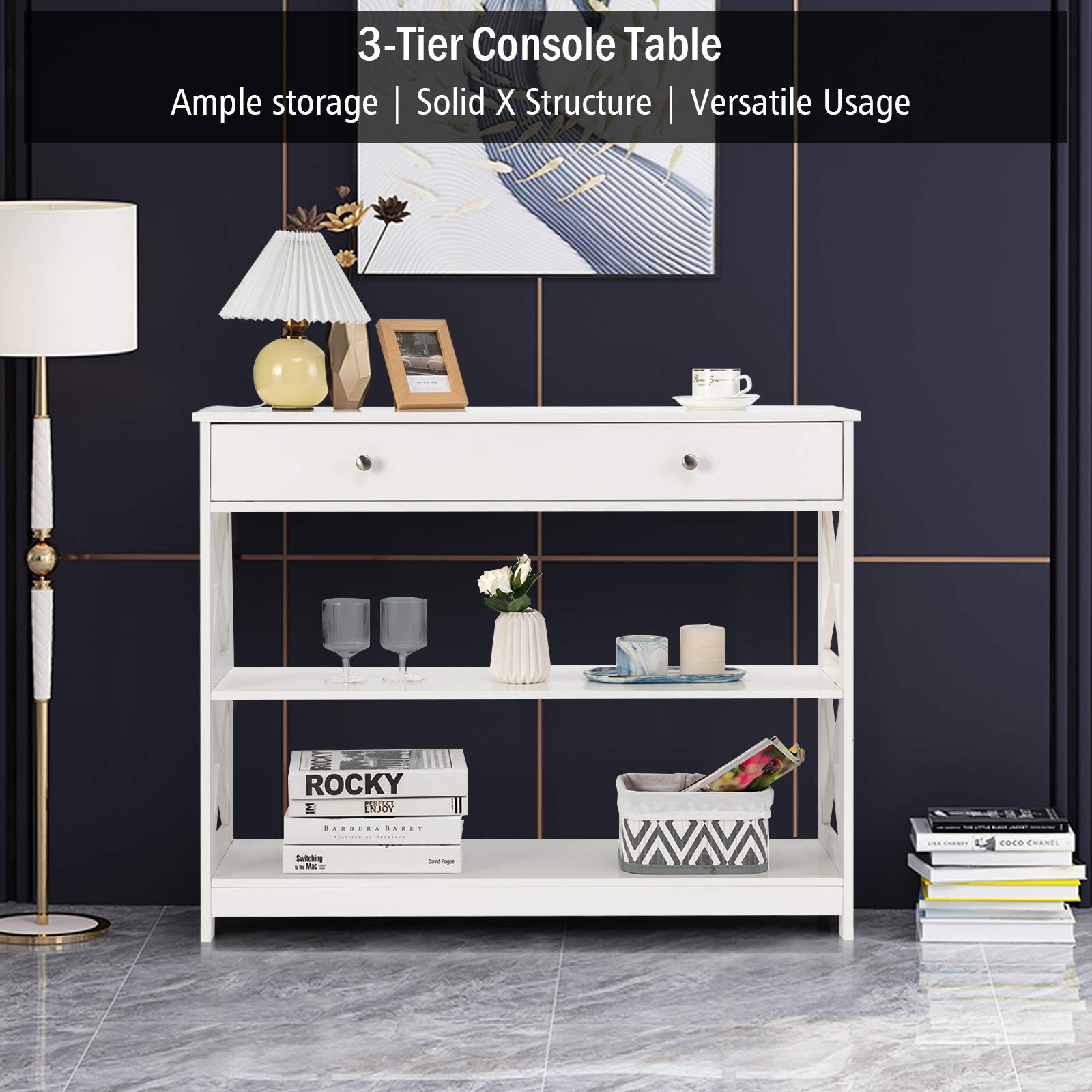 Giantex 3-Tier Console Table with 2 Drawers & Shelves, Modern Entryway Sofa Table with Spacious Desktop - Elegant Hallway, Living Room, Office Side Table (White) | Perfect for Small Spaces, Apartments & Home Décor