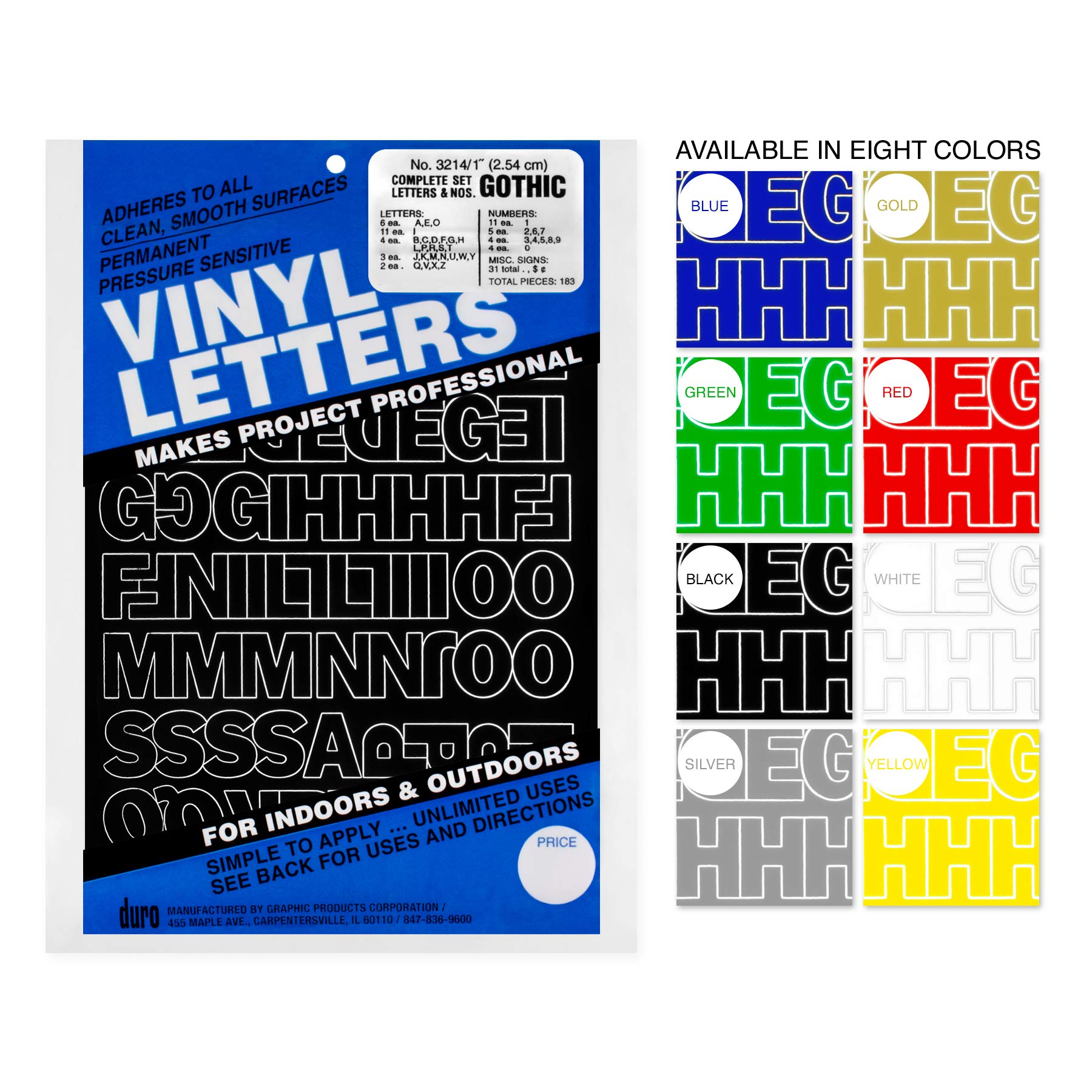 Duro Vinyl Letters and Numbers Complete Set - 1 Inch Silver Gothic Style (No. 3214) for DIY Crafts, Sign Making, and Home Decor Projects