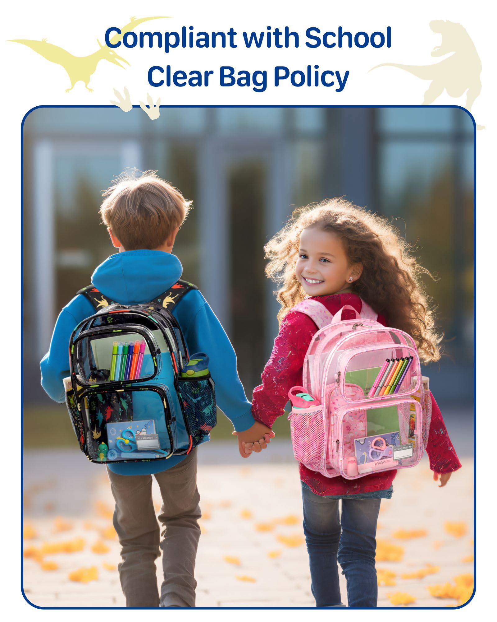 **Bagseri 15 Inch Clear Backpack for Boys & Girls - Heavy Duty Transparent School Bookbag for Kids Ages 3-7 | Black Dinosaur Design | Perfect for School, Travel & Theme Parks**