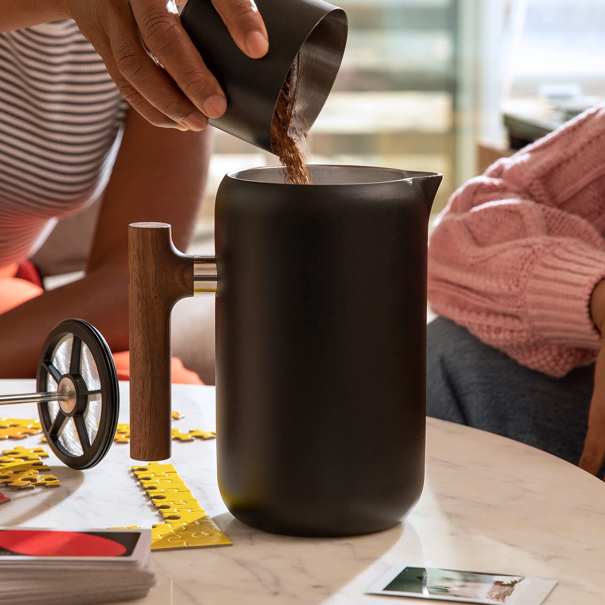 Fellow Clara French Press Coffee Maker - Stainless Steel Insulated Manual Coffee Brewer, 24 oz Portable Carafe, Matte Black with Walnut - Perfect for Home, Office & Travel Coffee Brewing
