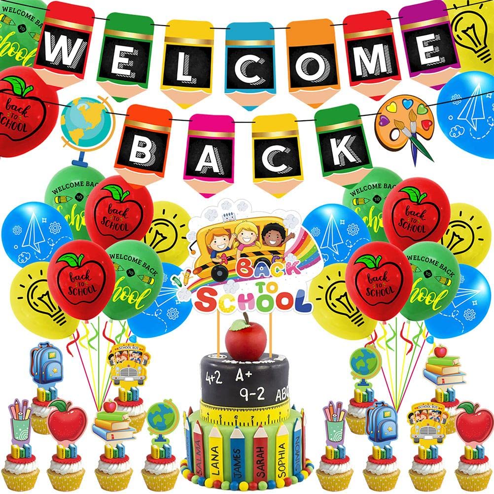 LIANGLIDE Back to School Party Decorations Set - Hanging Banner, Balloons & Cake Toppers for Welcome Back Party, Classroom Decorations - Perfect for School Open House, First Day Celebrations & Teacher Appreciation Events