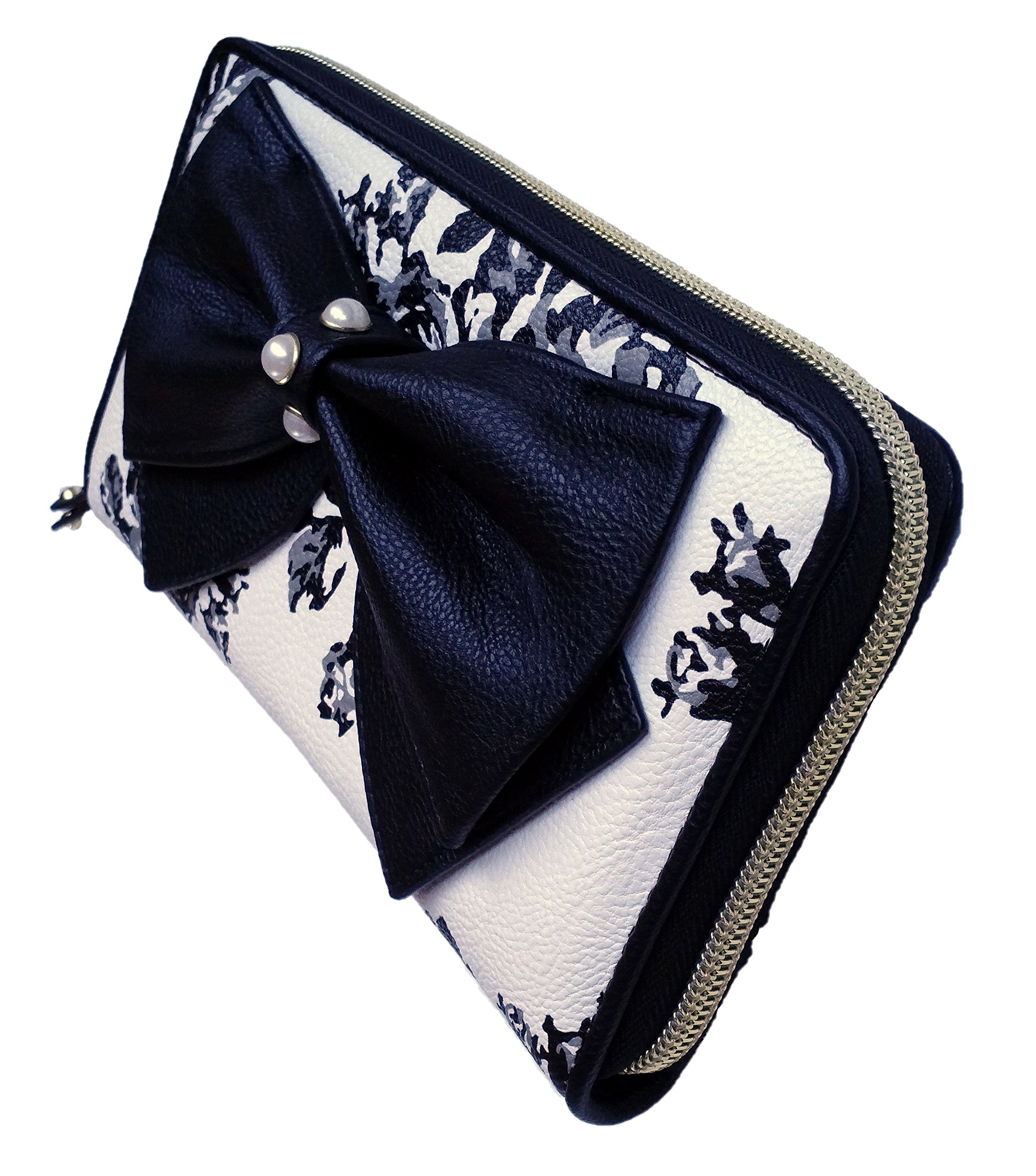 Betsey Johnson Women's White Cream & Black Floral Big Bow Wallet - Stylish Crossbody Clutch for Parties, Date Nights & Everyday Use